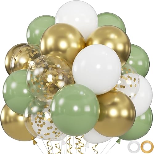 60pcs Sage Green & Metallic Gold Balloons - 12inch Olive Green White Metallic Gold Confetti Balloons for Boho Wedding, Baby Shower, Birthday Party Decoration