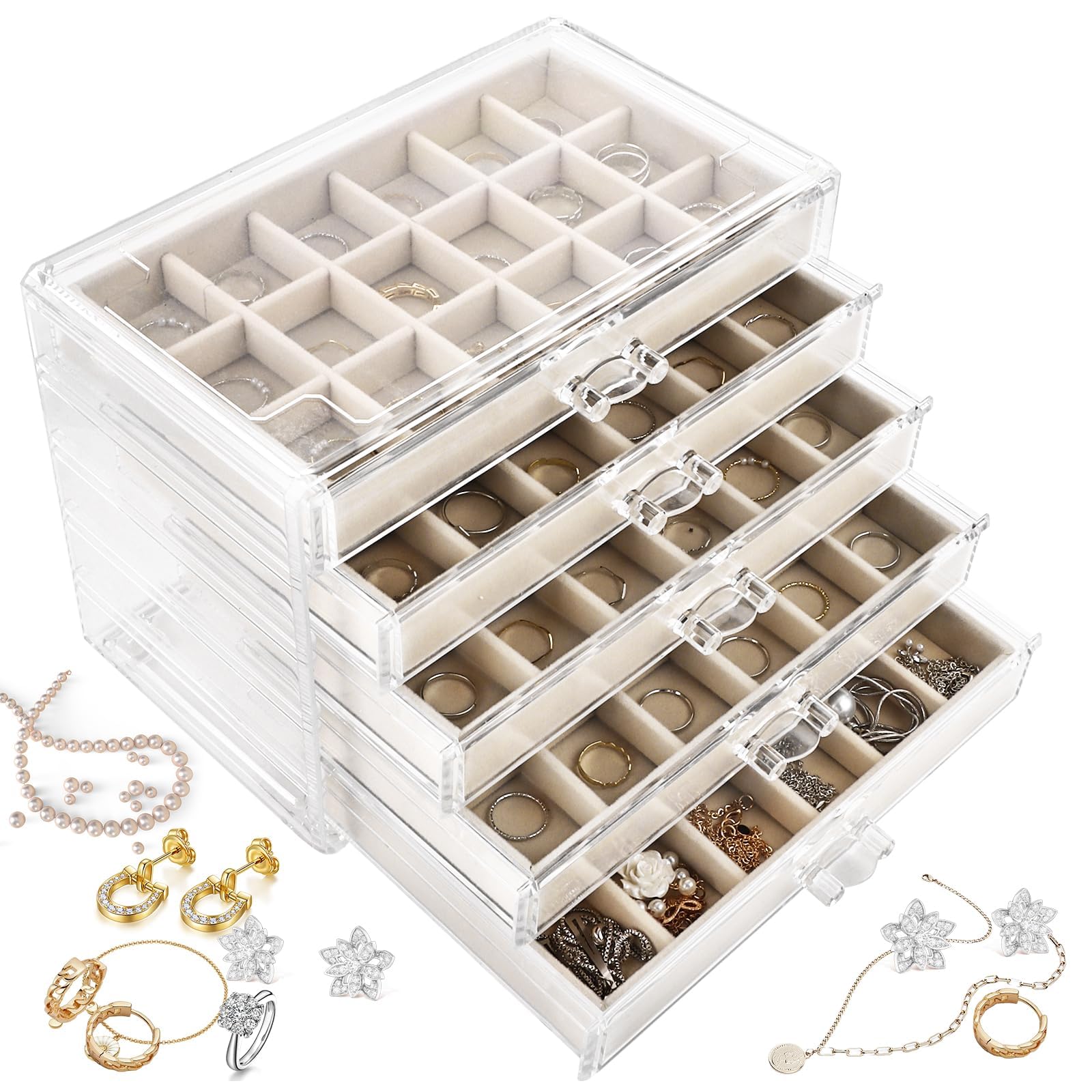 YAYODS Organisateur de Bijoux en Acrylique à 5 Tiroirs - Boîte à Bijoux Transparente avec Doublure en Velours Beige - Rangement Modulable pour Boucles d'Oreilles, Bagues et Colliers sur la Coiffeuse