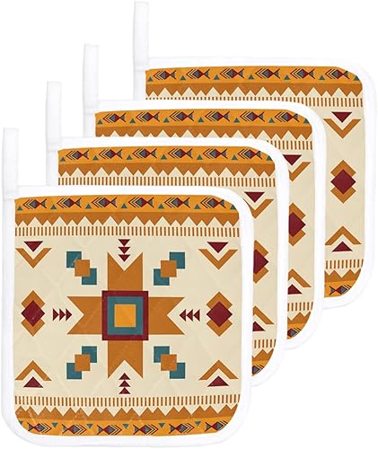 Southwestern - 4 soportes para ollas para encimera de cocina, geométricos abstractos americanos, tribales étnicos, vintage, naranja, verde azulado,
