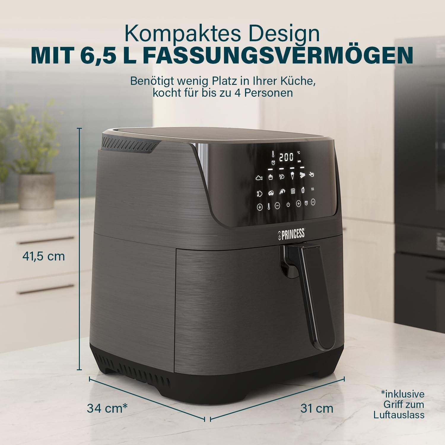 Princess Digitale Heißluftfritteuse 6,5 L mit Trennwand, 12 Programme, Touchscreen, Bis zu 60% Energieersparnis, Fettarmes Frittieren ohne Öl, Für 1,5 kg Pommes, Schwarz, 182061