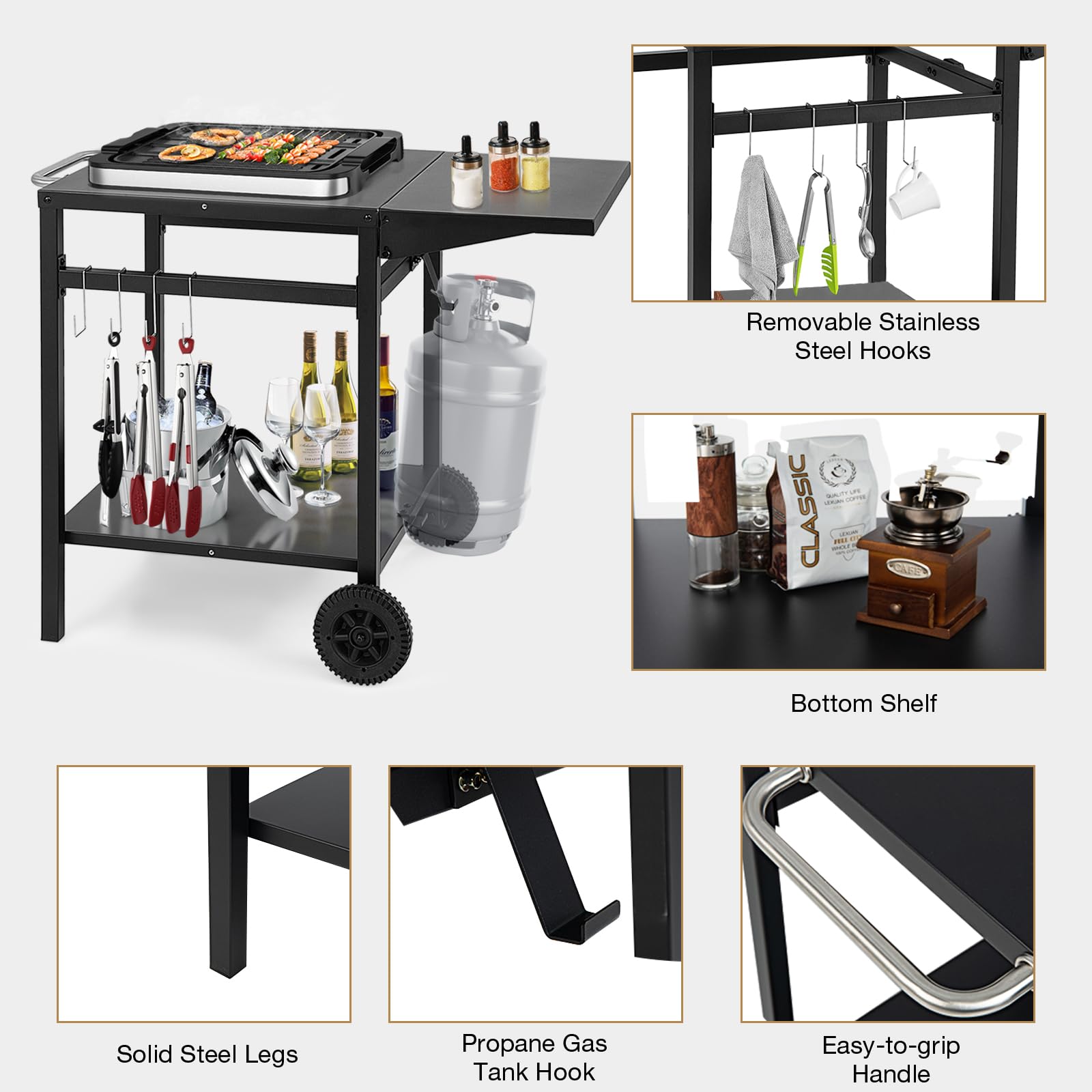 KOMFOTTEU Chariot pour Barbecue avec Plateau Pliable, 2 Étagères, Desserte de Jardin avec Porte-Serviettes et Crochets, Desserte d’Extérieur avec 2 roulettes, 96,5 x 64 x 75,5 cm, Noir