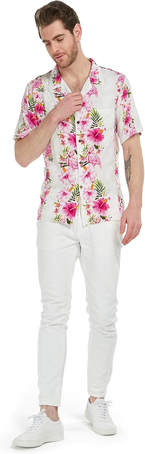 Matchable Family Hawaiian Luau Men Women Girl Boy Clothes in Pink Hibiscus Vine White - Image 7