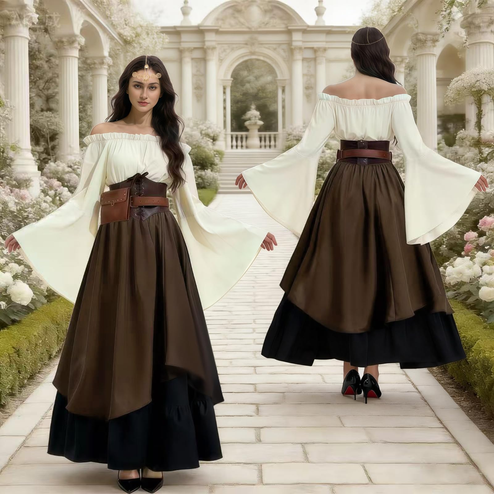 Mittelalter Kostüm Damen, Mittelalter Kleidung Damen Renaissance Kleid Erwachsene Set mit Corsett, Gürteltasche und Gürtel, Viktorianisches Kostüm für Karneval Halloween