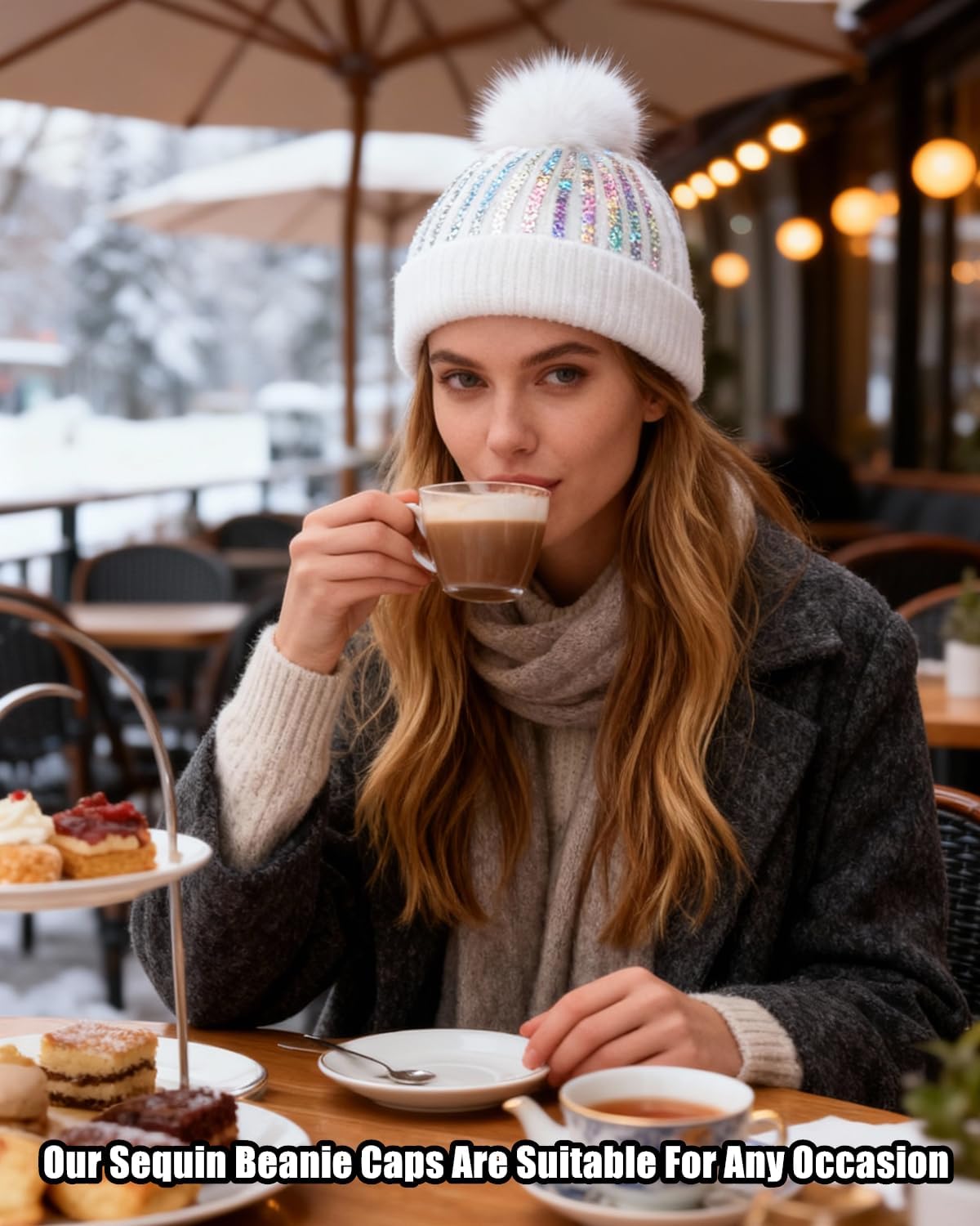 Women Girls Winter Sequin Beanie Hat with Faux Fur Pom Pom Knit Skull Cap