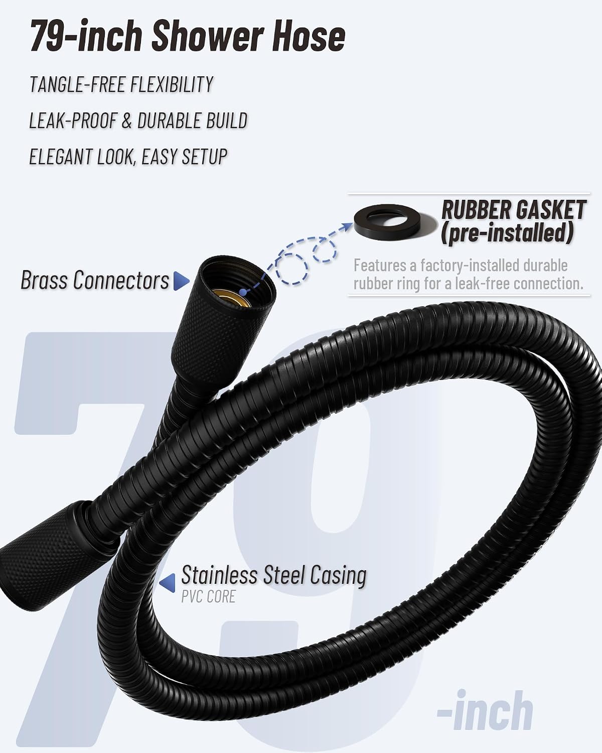 Universal 59-Inch Shower Head Hose - Durable Stainless Steel, Leak-Proof Brass Connectors, Easy Install Replacement for Handheld Shower Heads (VMASSTONE SHH-001 Matte Black)