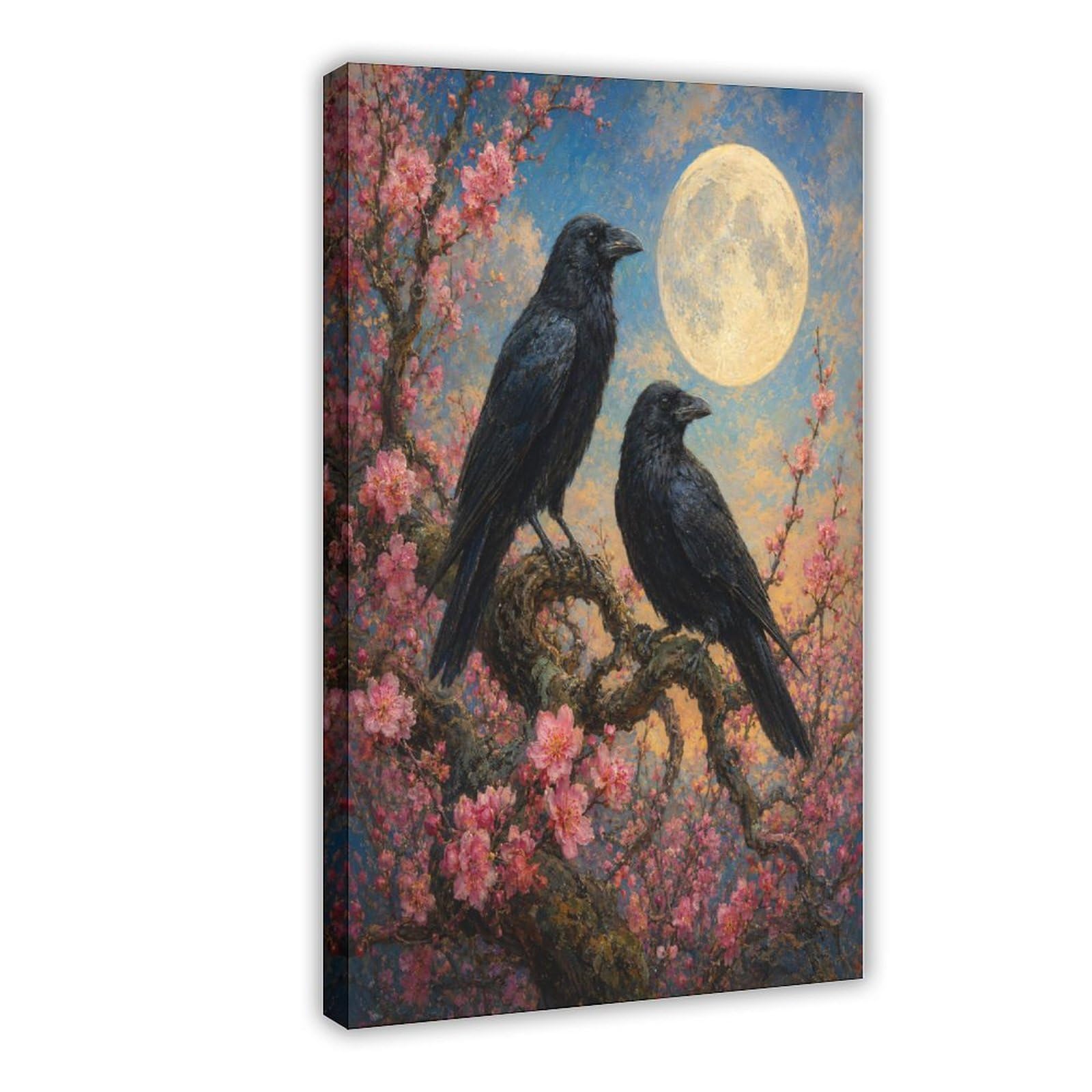 W7c8u2x3 Frame-Style-2 Ravens Under Moon Canvas Wall Art, Moonlit Stage Studio
