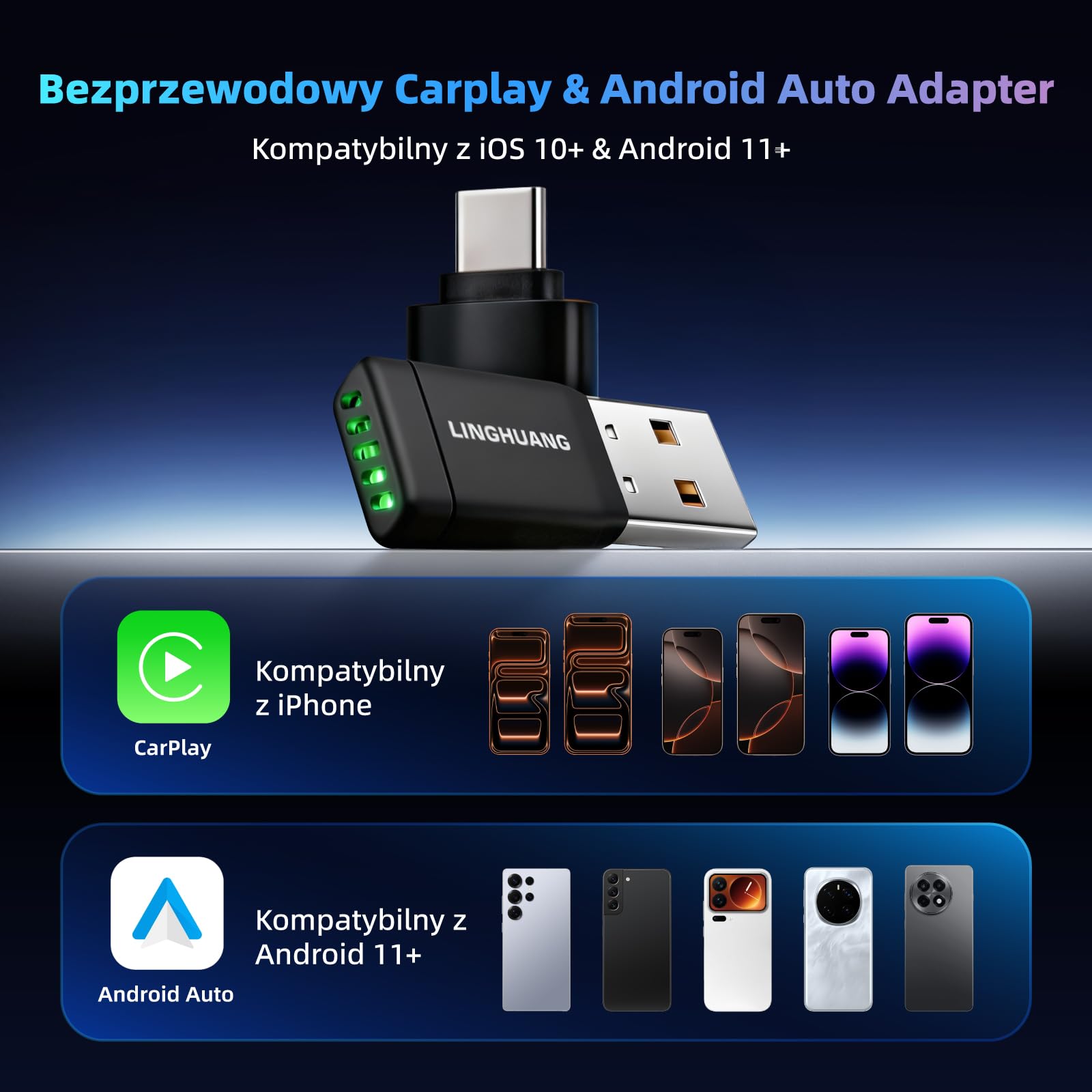 LINGHUANG Adapter bezprzewodowy Carplay i mini bezprzewodowy adapter do systemu Android Auto Wireless, przekształca kabel w bezprzewodowy, Plug & Play, szybkie i stabilne połączenie, kompatybilny z