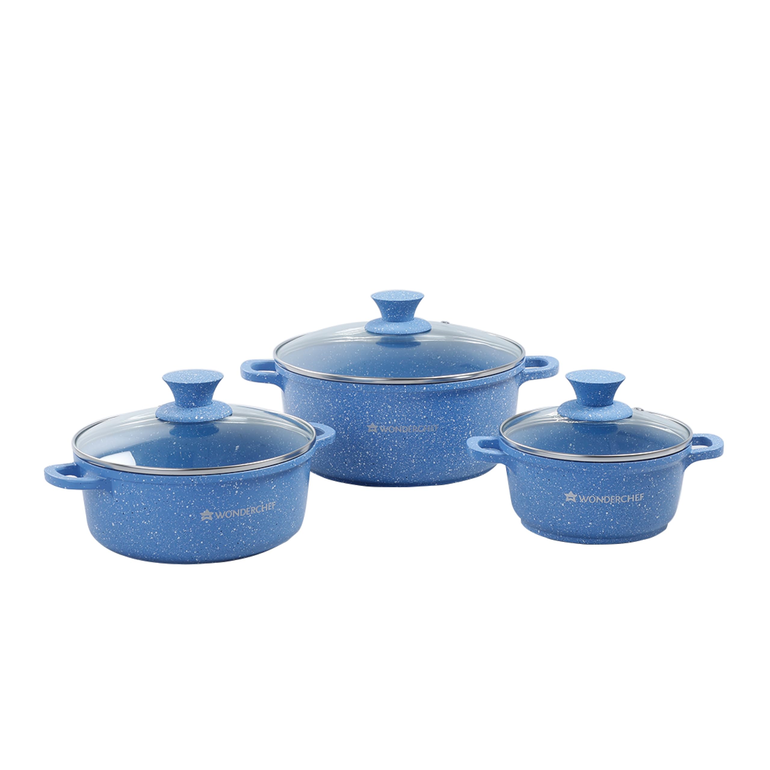 WonderchefGranite Die-Cast Non-Stick 6-Piece Casserole Set with Lids | Induction Bottom | Soft-Touch Handles | Virgin Grade Aluminium | 3.5mm Thick | 2 Years Warranty | Blue