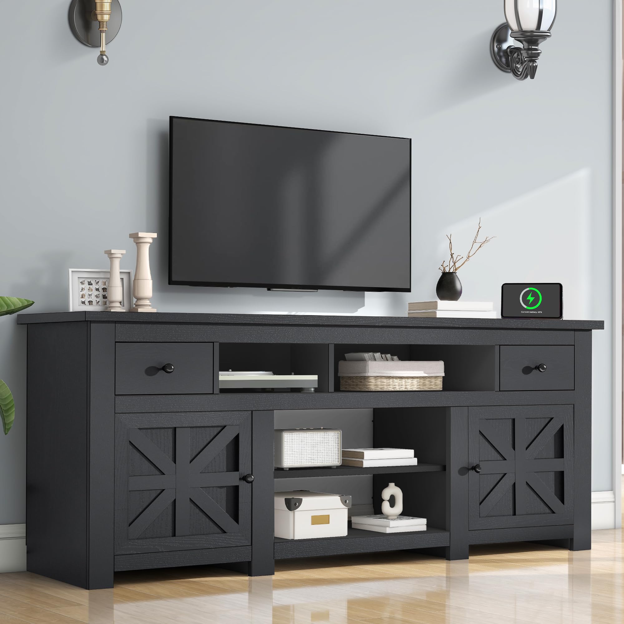 Photo 1 of ***FACTORY SEALED***
***PARTIAL SET - PRICE ADJUSTED***
DWVO Farmhouse TV Stand for 75/80 Inches TVs, Entertainment Centers Furniture 30" Tall, TV Consoles with Storage Drawers & Power Outlet, Rustic TV Stands for Living Room, Black