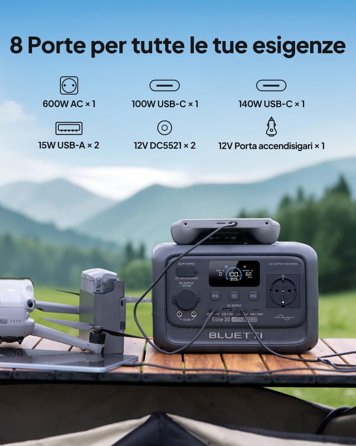 BLUETTI Generatore Solare Elite 30 V2 con 100W Pannello Solare | 288Wh LiFePO4 Centrale Elettrica Portatile, 600W Prese CA (1500W Picco), per Campeggio, Uso Domestico, Emergenza