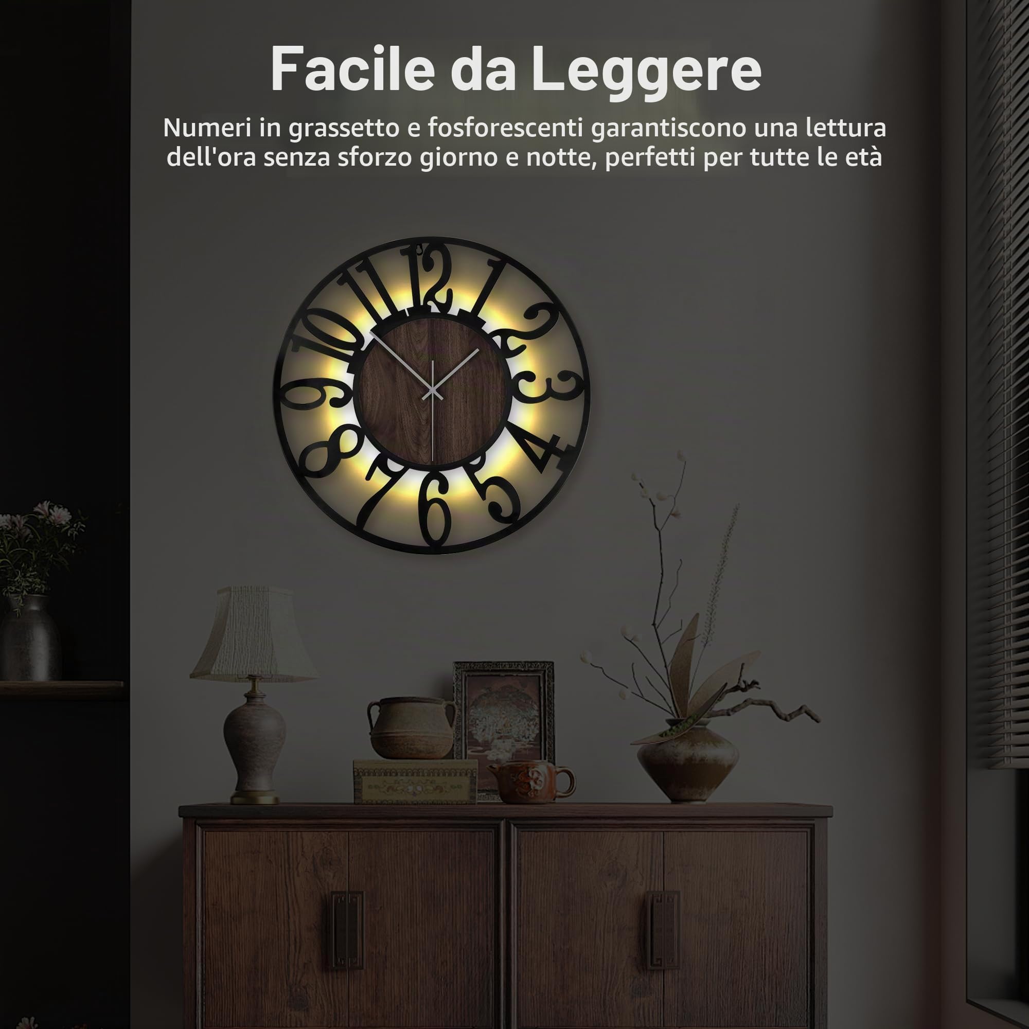 Orologio da Parete Grande con Luce Notturna a Batteria – 60 cm Silenzioso, Moderno, Effetto Legno, LED Luminoso al Buio, Ideale per Soggiorno, Camera da Letto, Cucina
