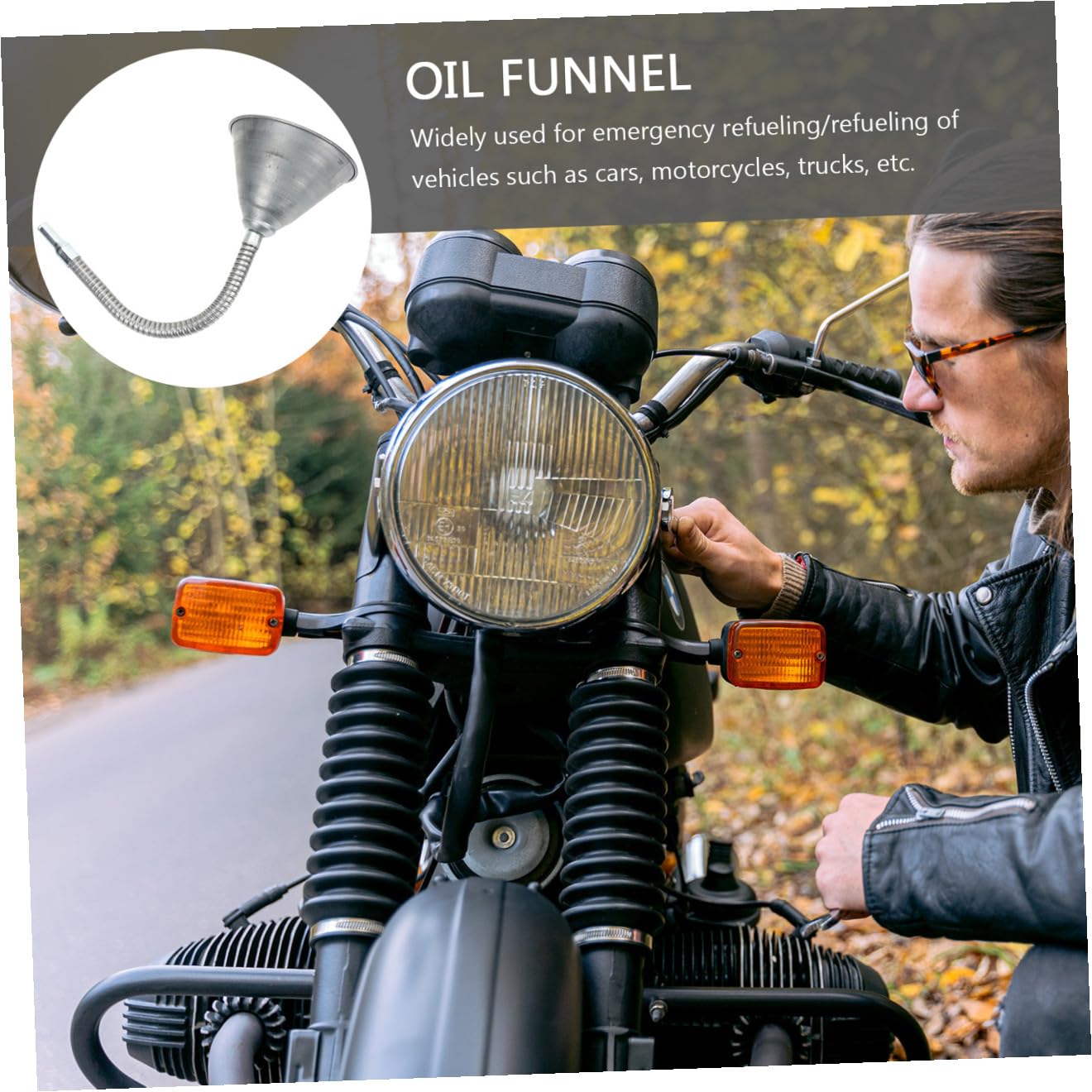 Embudo de Aceite de Motor de Hierro Cuello Largo y Filtro | Plata, Multiángulo para Infusión de Líquido, Uso en Motocicletas y Repostaje de Vehículos