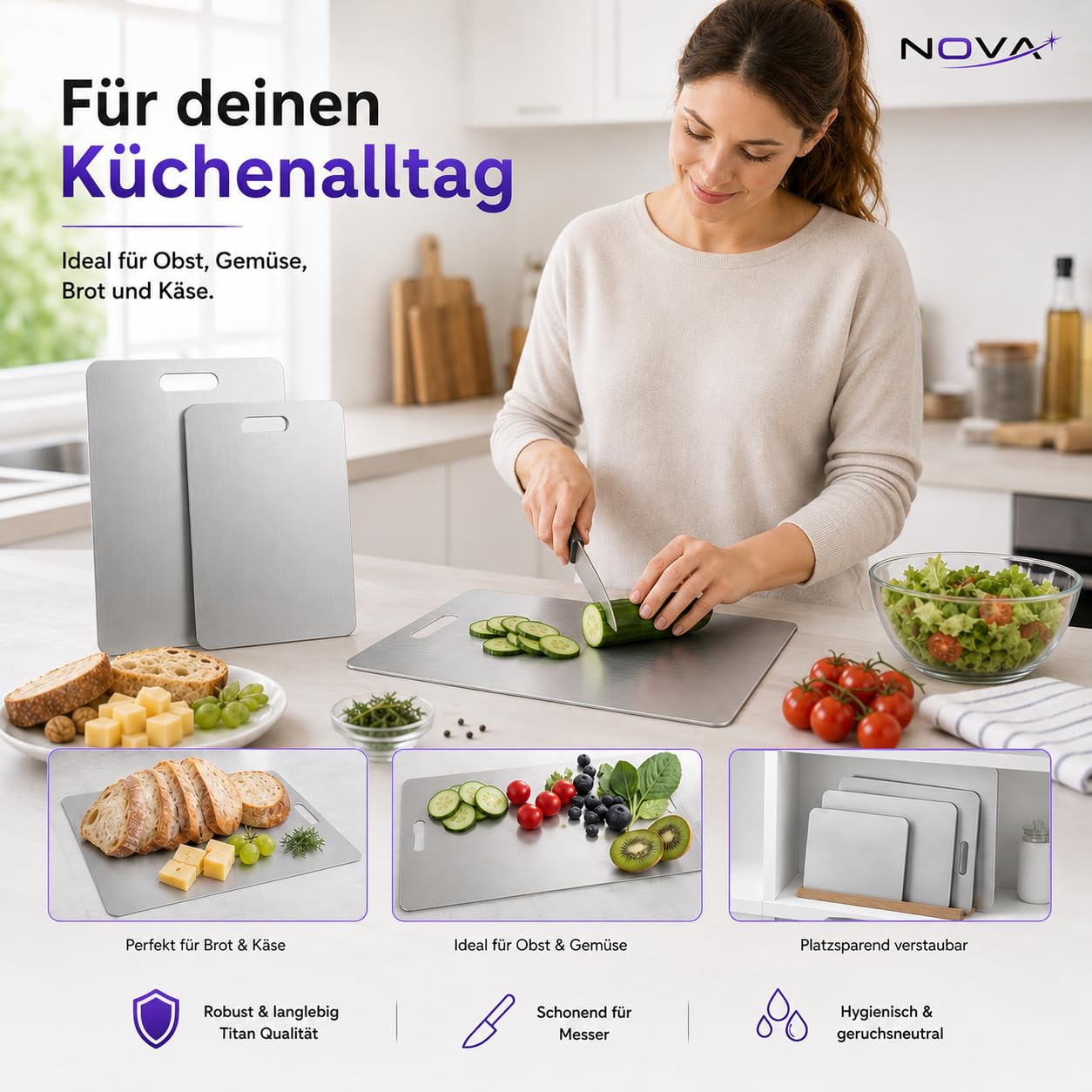 NOVA Titan Schneidebrett 3er Set S M L, Edelstahl Schneidebrett Set spülmaschinenfest, hygienische Schneidebretter geruchsneutral & platzsparend, Titanium Cutting Board für Obst Gemüse Brot Käse
