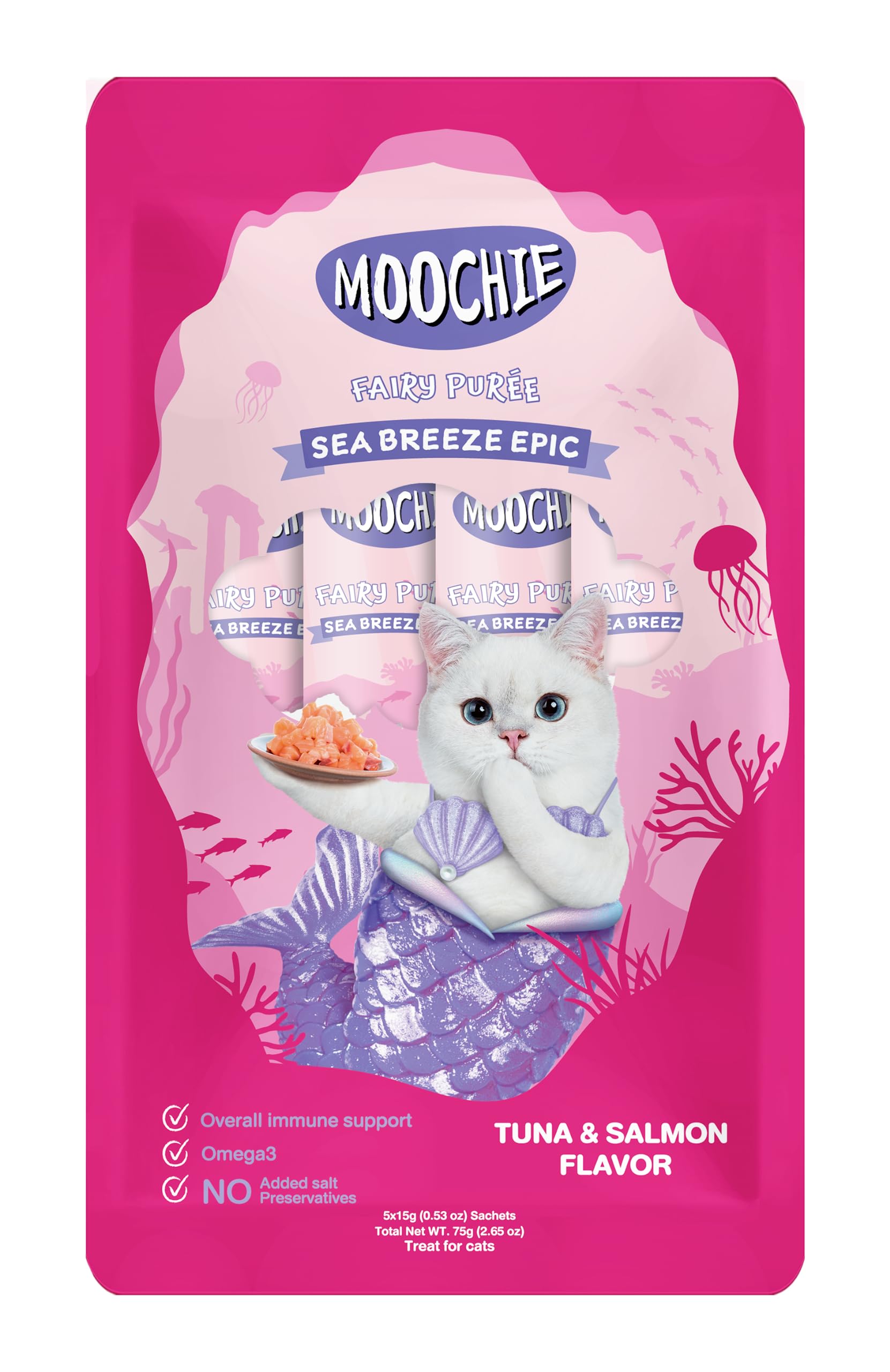 PETS EMPIRE Moochie Smooth Creamy Cat Treats Combo, Tuna Salmon Flavour Cream Sticks Treat, Yummy Lickable Kitty Snacks, Non-Vegetarian Kitten Snack Stick, No Added Salt for Cats & Kittens (15g X 50)
