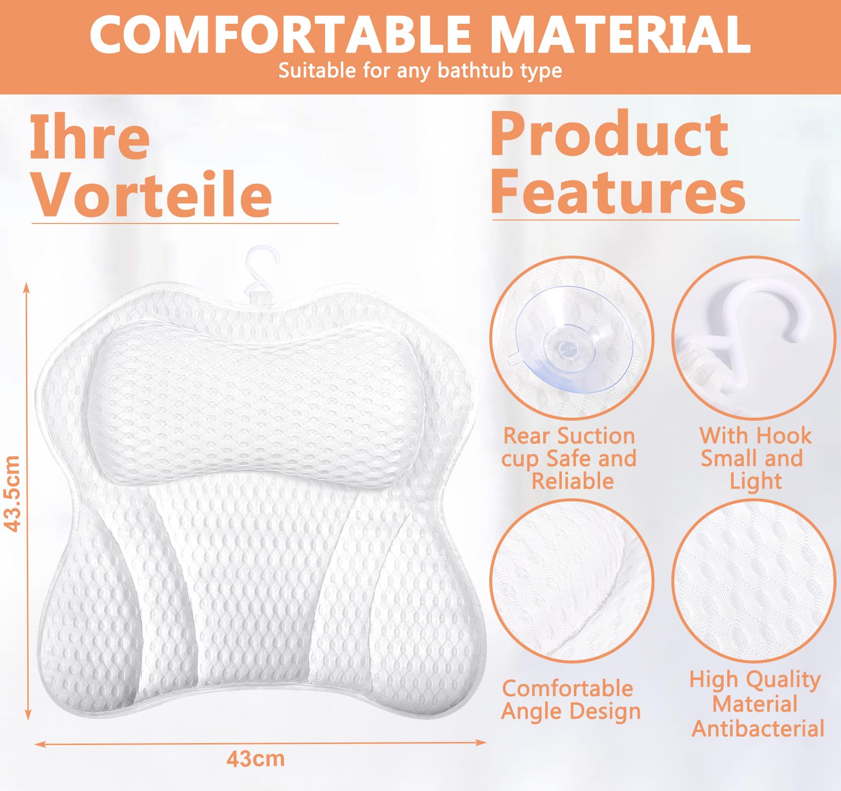 Purpledi Almohadas para Bañera，Almohada de Baño,Cojín de Bañocon 6 Ventosas Antideslizantes Tecnología 4D Air Mesh Cuello, la Espalda,para SPA en Casa Bañera de Hidromasaje (Blanco)