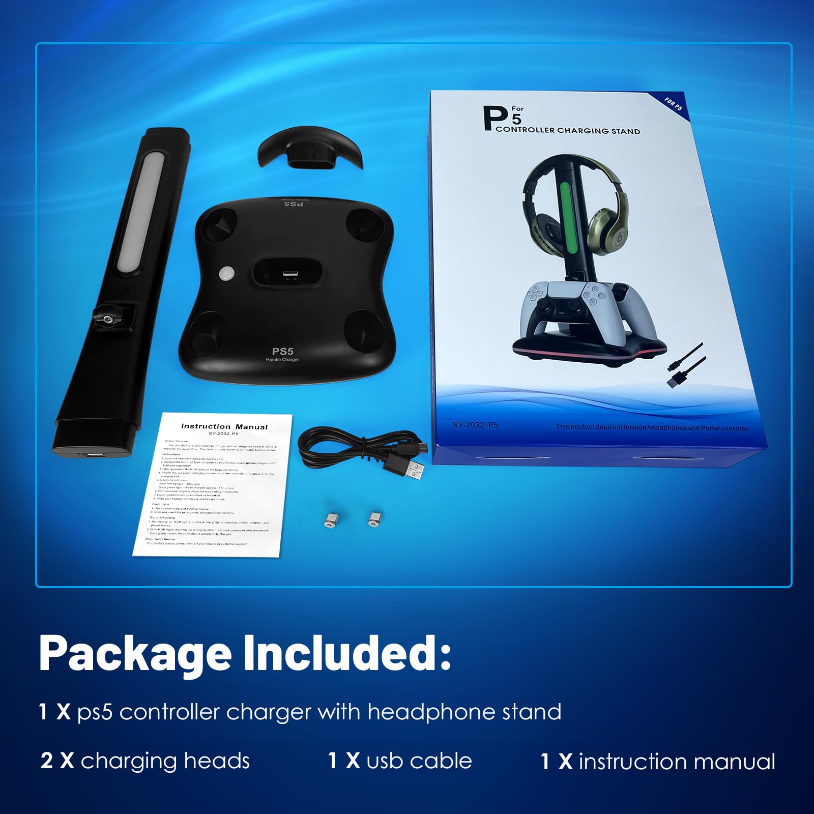 Caricabatterie per controller PS5 con supporto per cuffie RGB, stazione di ricarica per controller PS5 con 2 porte USB, supporto per cuffie e controller per PlayStation 5, regali di gioco per