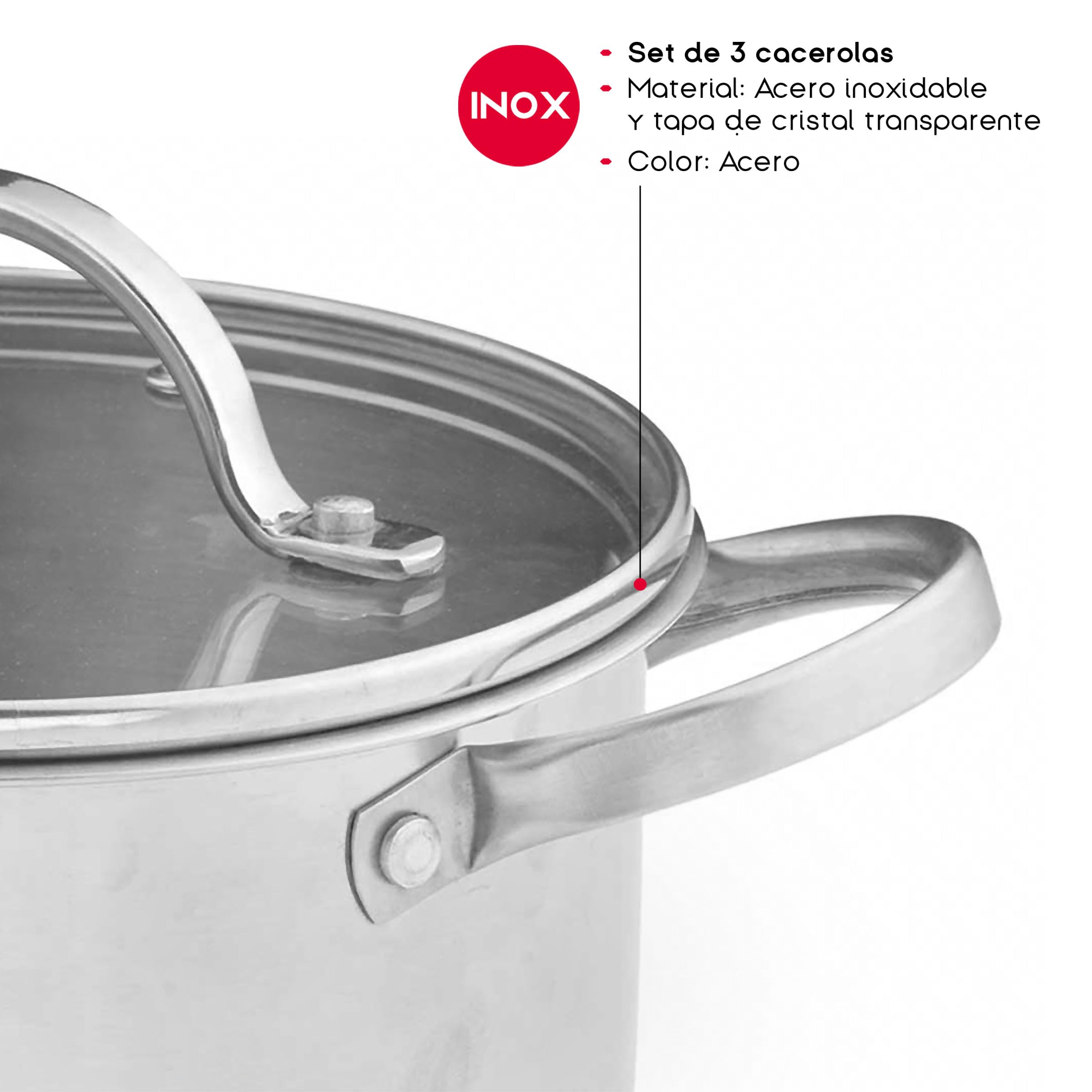 TIENDA EURASIA – Set 3 Cacerolas | Acero Inoxidable | Color Plata | 2 Tapas de Cristal Transparente | Medidas y Capacidad Cazo 16 cm 1.4L, Olla 18 cm 1.8L y Olla 20 cm 2.8L | Apto para Lavavajillas