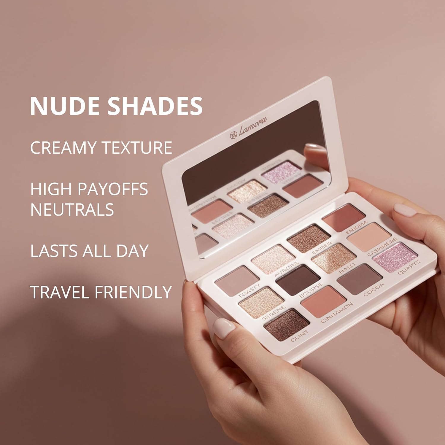 Lamora Nude Eyeshadow Palette - 12 Soft Pink Rose Shadows, Multi-Use Eye Makeup Palette with Matte & Shimmer Finishes, Ultra-Blendable Everyday Neutrals, Long-lasting Wear, Travel Makeup with Mirror - Image 9