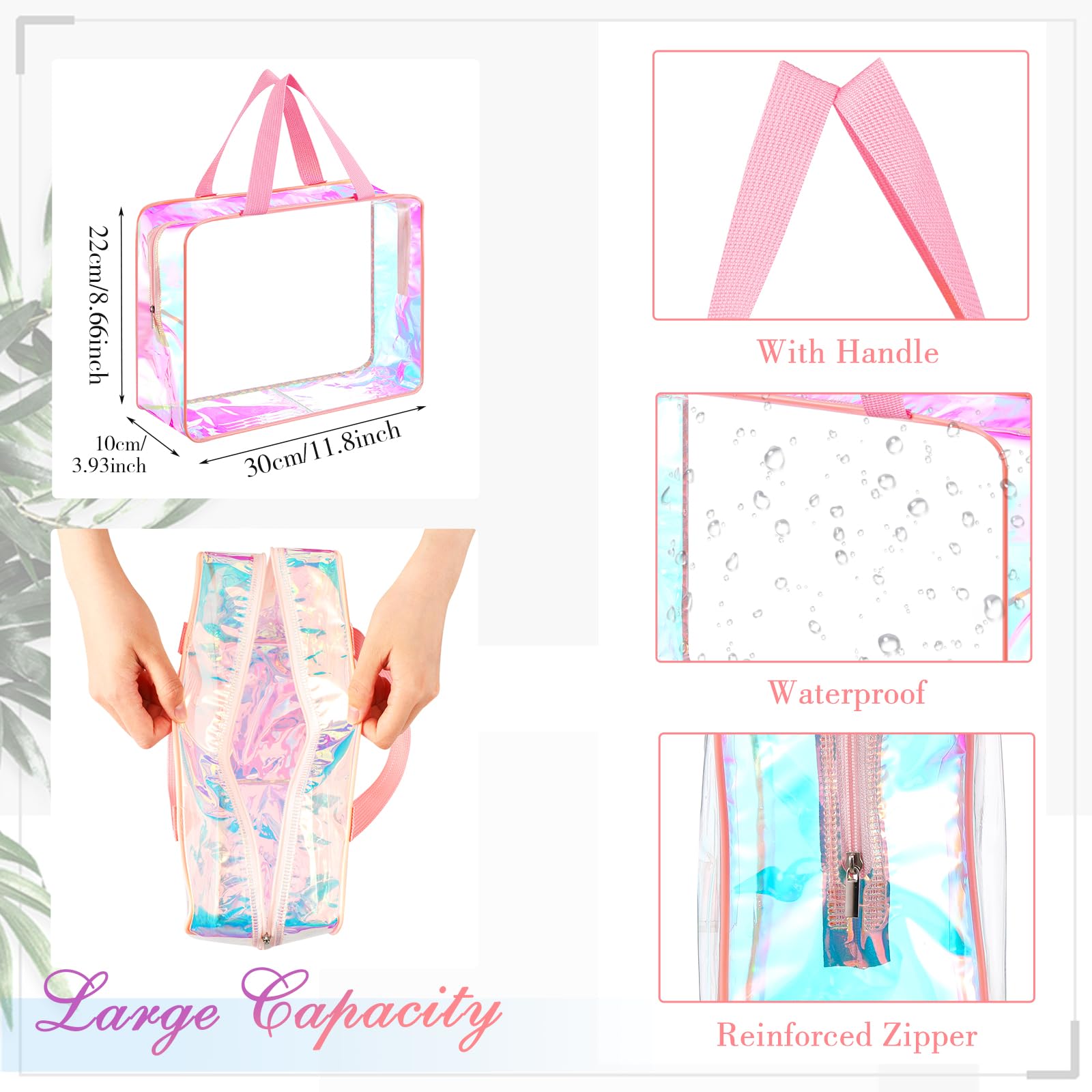 Sweetude Kulturbeutel mit Griff, groß, transparent, für Reisen, schillernd, Strand, Make-up-Tasche, PVC, transparent, für Kosmetik, Kleidung, Aufbewahrung für Damen und Herren, Pink, 12.2 x 3.94 x