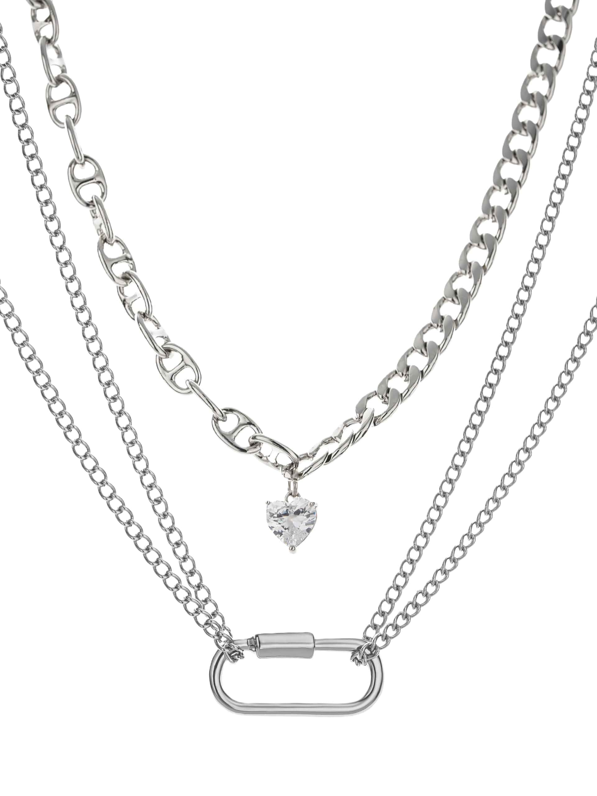 Y2K Layered Chunky Chain Necklace for Women Silver Tone Crystal Heart Lock Pendant Set 3-Strand Choker Punk Streetwear Unisex