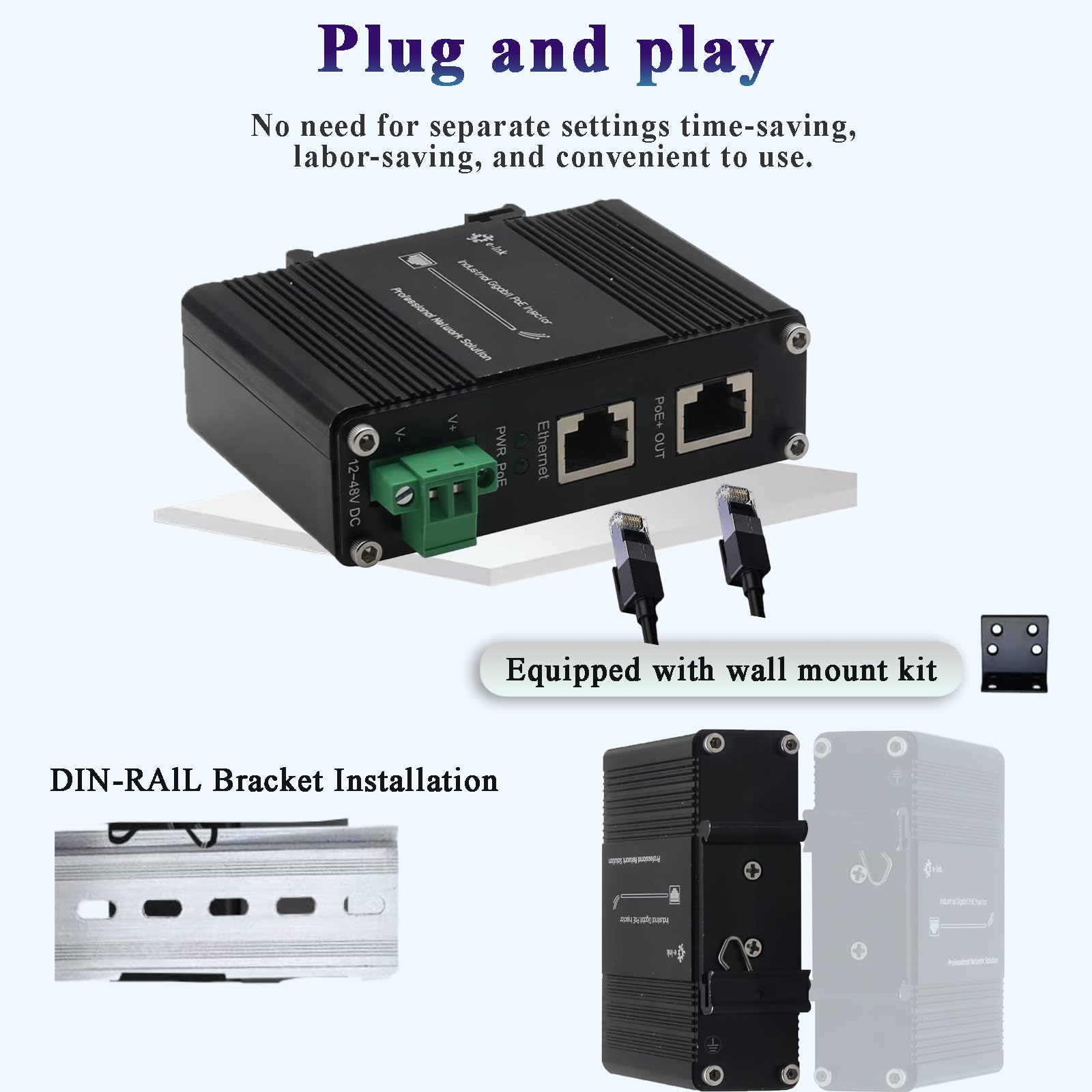 Mini wtryskiwacz Gigabit PoE+ - Przemysłowy wtryskiwacz sieciowy Ethernet 30 W zgodny z IEEE 802.3 af/at, obsługuje wejście DC 12-48 V, do użytku na zewnątrz, szyna DIN