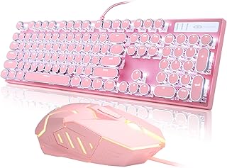 Retro Typewriter Keyboard and Mouse Combo, Cute Pink Keyboard with Linear Red Switches, Full Size Wired Mechanical Gaming Keyboard, Cool Light Up Keyboard and Mouse for Gaming,Work,Mac,PC,Windows