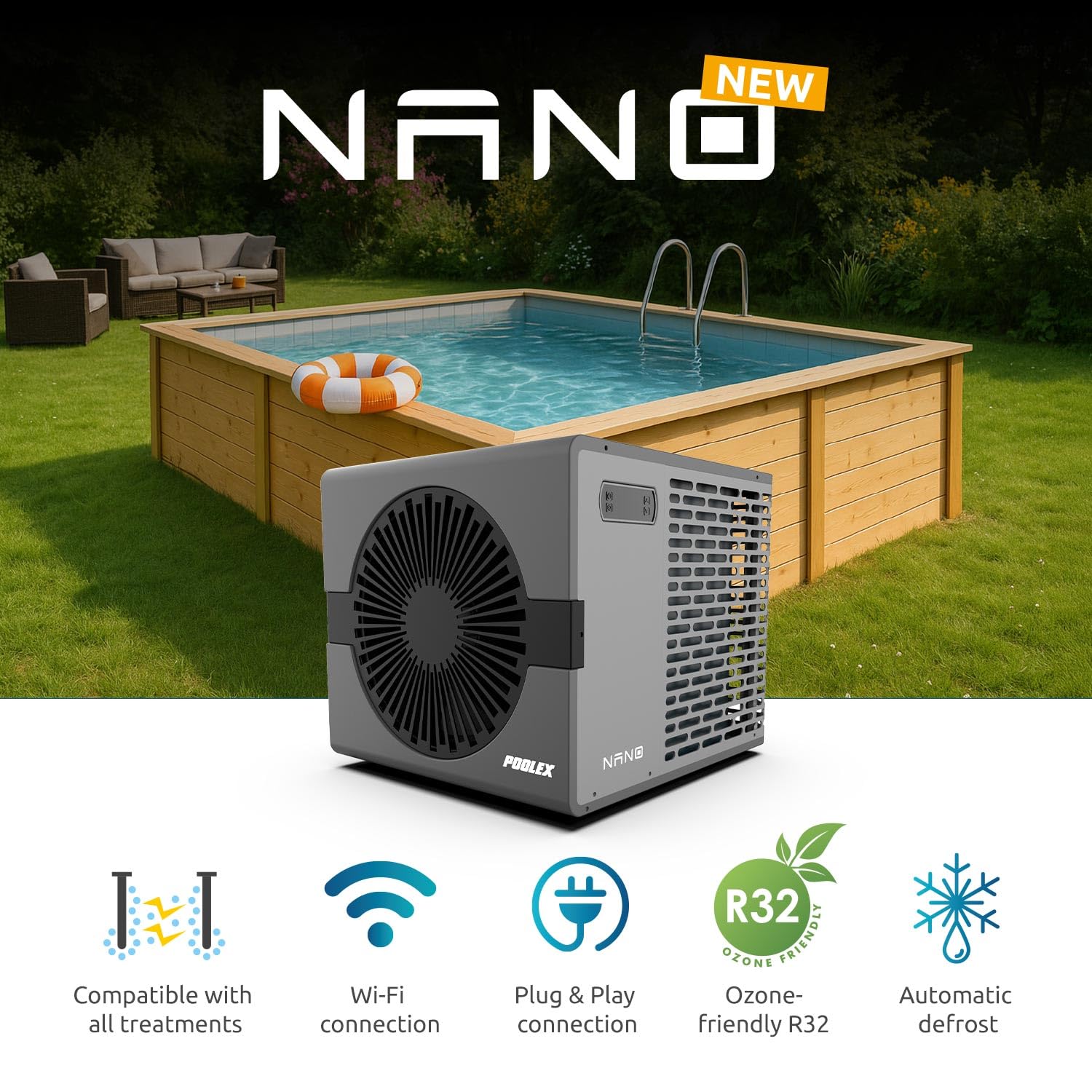 POOLEX - Pompa di Calore Nano 3 KW connessa Wi-Fi per Piccole Piscine compatte: Fuori Terra, Semi-sepolto, sepolto, Legno. Silenzioso e Reversibile.