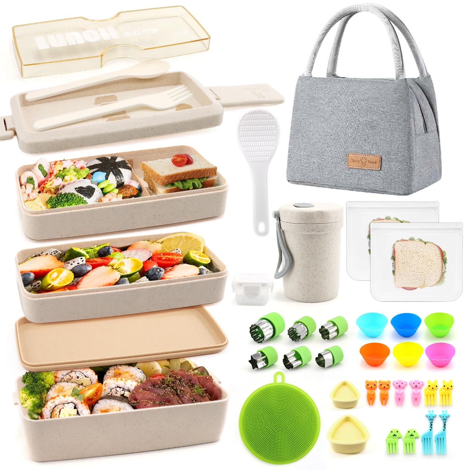 35Pcs Bento Box Japanese Lunch Box Kit Leakproof Bento Lunch Box for Kid Adult Wheat Straw 3 Layer Stackable Lunch Container w Compartment Eco-Friendly Meal Prep for Prepy Girl Boy Women (Beige)