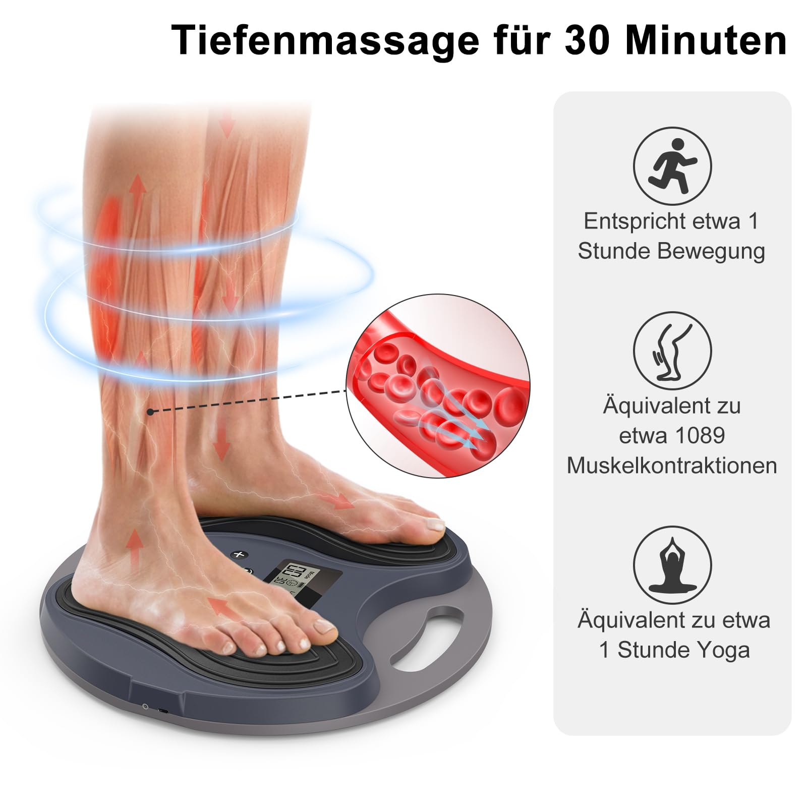 Stimulateur de Circulation Jambes & Pieds – Masseur Électrique des Pieds EMS + TENS, Soulagement Fasciite Plantaire, Neuropathie, Douleurs Plantaires, Fatigue Musculaire, avec 4 Électrodes