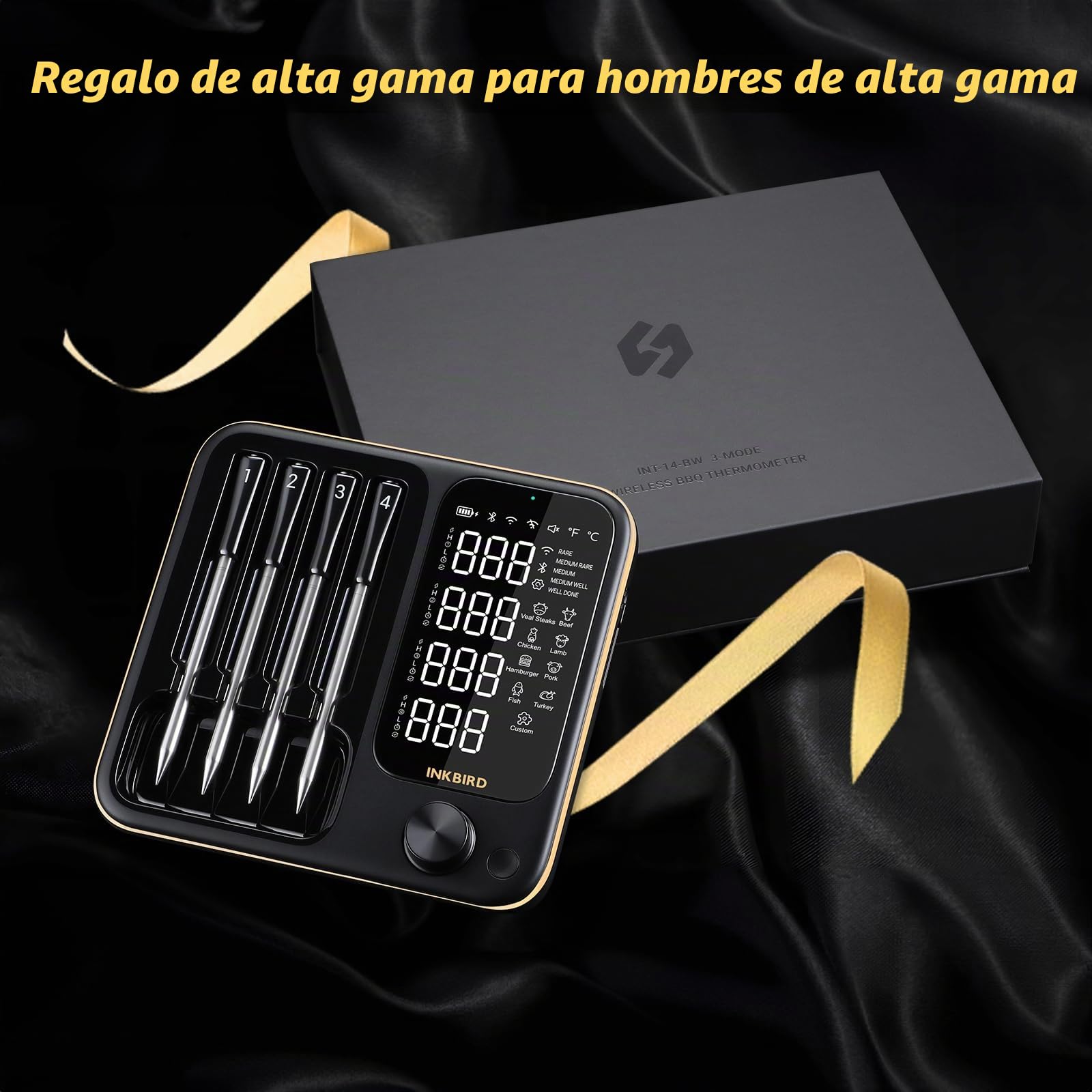 Inkbird INT-14-BW - Termómetro para carne inalámbrico, Smart Grillthermometer WIFI 2.4G y Bluetooth 5.4 Signal 91 m, Termómetro para horno, barbacoa, ahumador, asador, horno