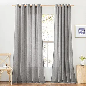 NICETOWN Faux Flax Linen Sheer Curtains 96 inch Long, Grommet Rustic Flax Semi Sheer Window Drapes with Light Filtering for Farmhouse/Patio Door, Charcoal, W70 x L96, Set of 2