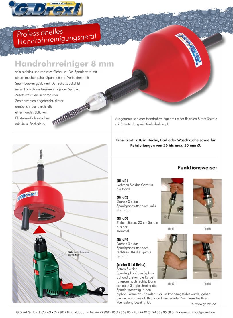 Drexl Hand-Rohrreinigungsgerät mit 8 mm Spirale x 7,5 m für Rohre ab 20 mm