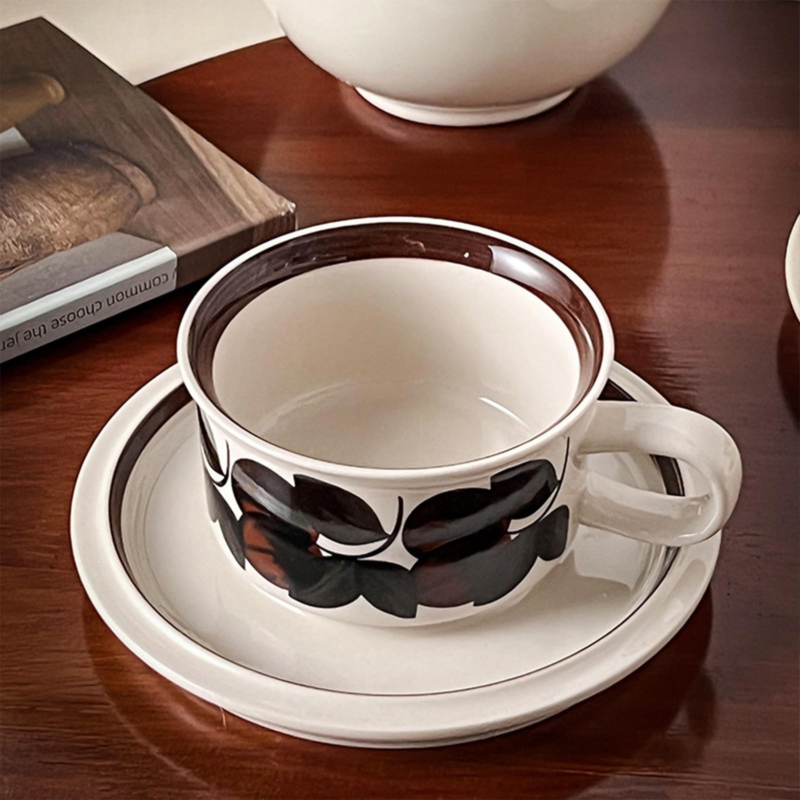 Soulnioi Ceramic Coffee Mug, Retro Floral Cappuccino Cup and Saucer Set - Image 3