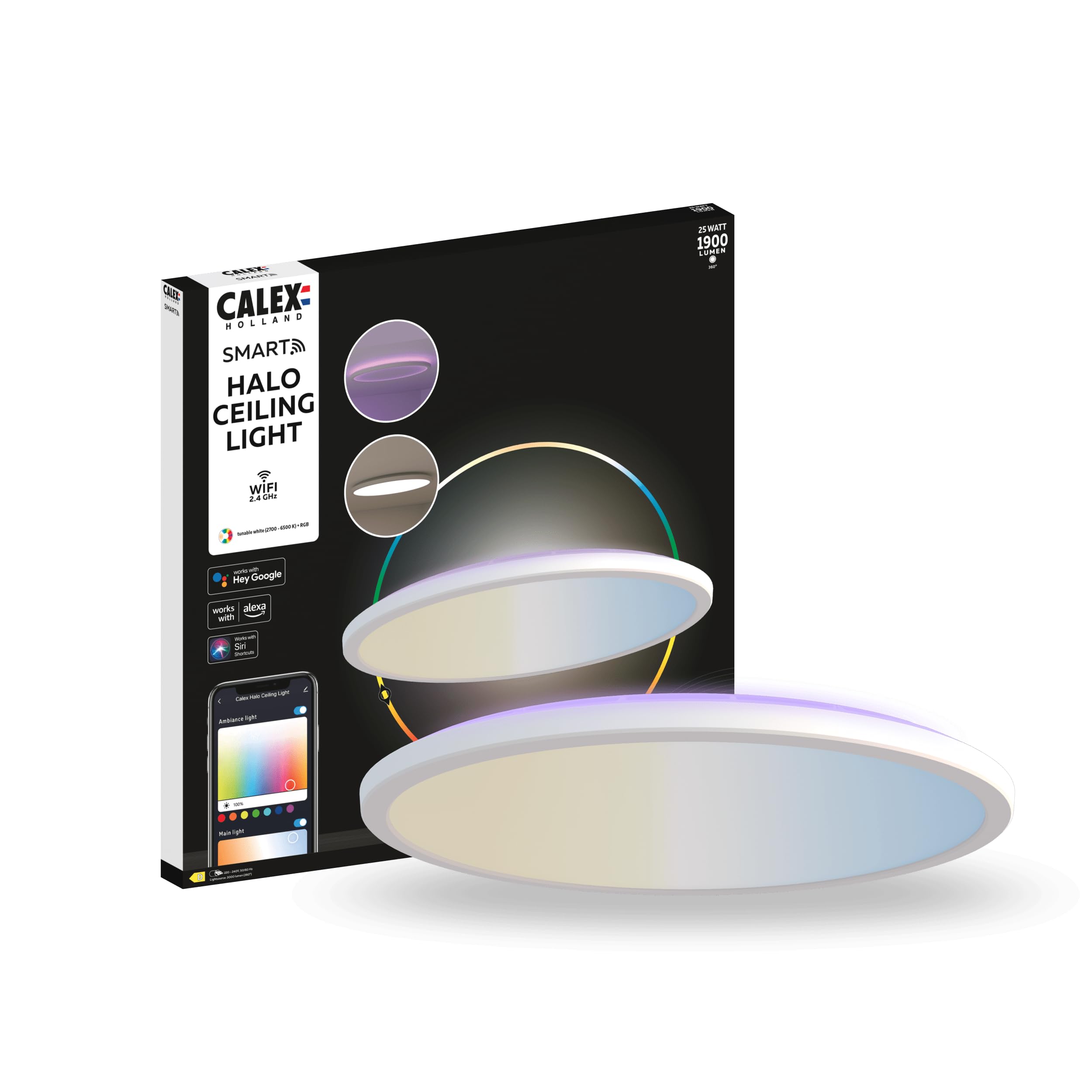 CALEX Smart LED Deckenleuchte Halo, 40 cm, RGB-Farben & kalt- bis warmweiß Licht, dimmbar, WLAN App- & Sprachsteuerung, Weiß