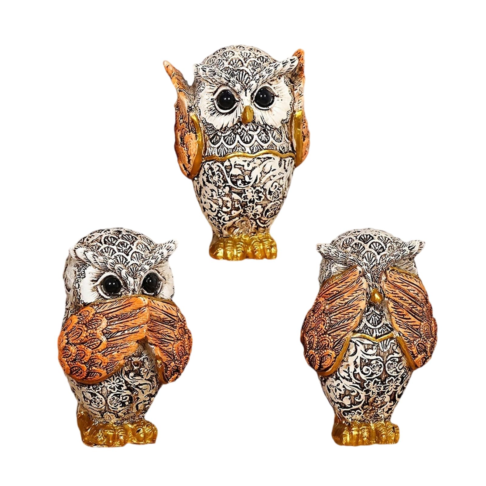 xbiez 3Pcs Owl Figurines Decors Hear Not See Speak Animal Sculpture Ornaments For Living Room Office Book Shelf Decors Owl Figurines