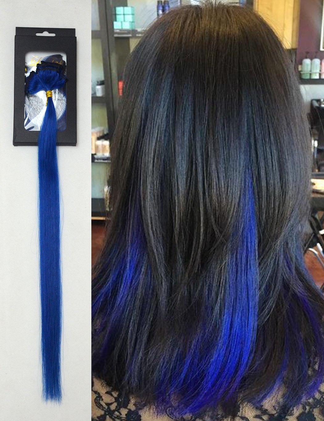 Luwigs 18inches Blue Clip in Hair Extensions Straight 100% Human Virgin Hair Fashion Hairpieces for Party Highlight 5pcs/set (18 inches, Blue)