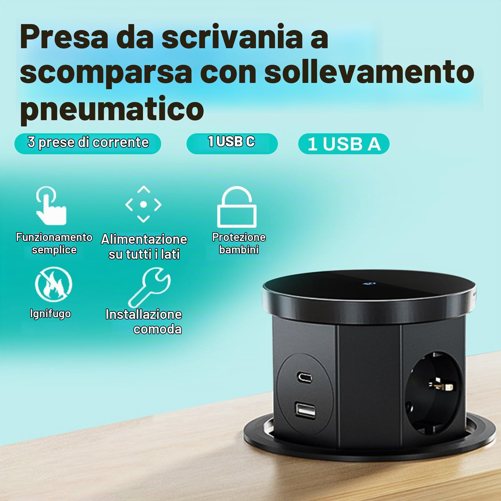 Presa Telescopica,PPresa a Scomparsa 3 Scomparti con 1 USB C 1 USB-A 2500W 16A Cavo Da 1,5M, Ciabatta Per Caricabatterie Wireless Da 15W, Adatta Per Piani Di Lavoro, Cucine, Uffici