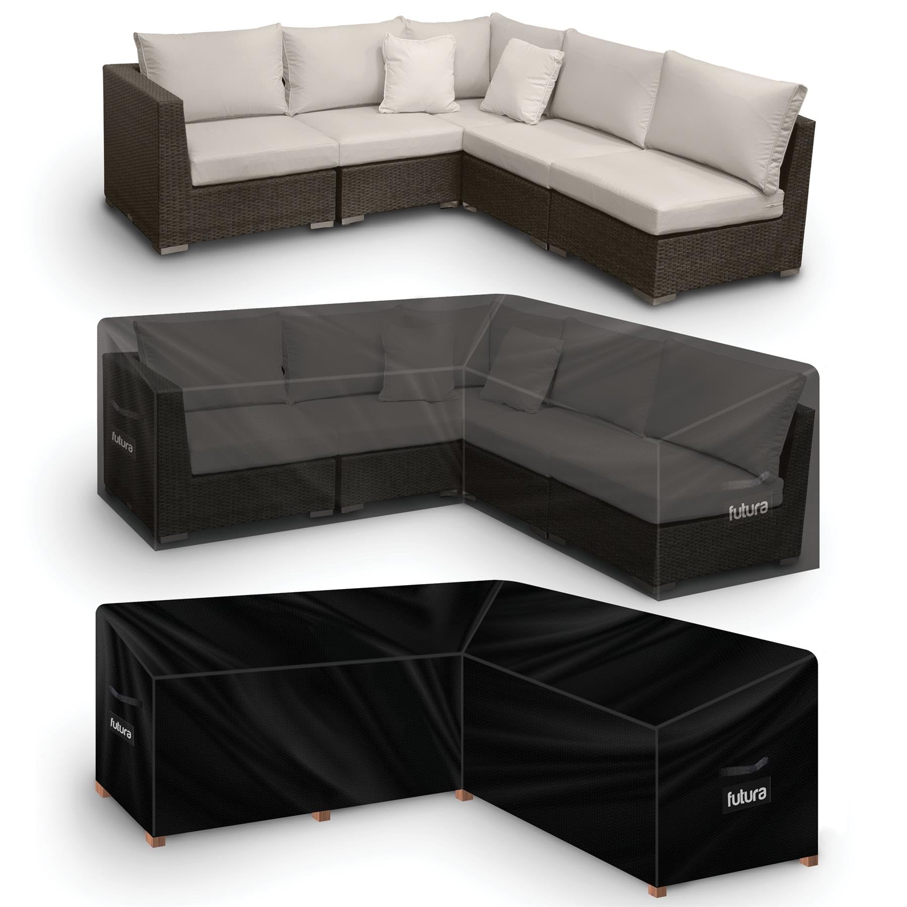 Futura Premium V Shaped Garden Furniture Covers Waterproof 215x215x80cm, Heavy Duty 600D Oxford Fabric Outdoor Rattan Corner Sofa Cover, PVC Lined, Air Vents and UV Safe