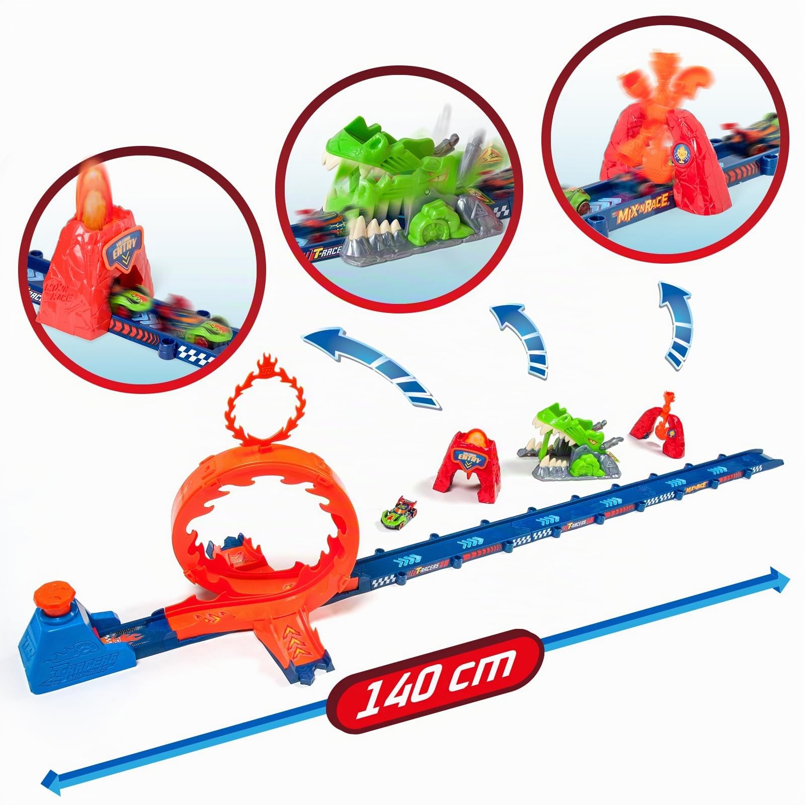 T-Racers Mix 'N Race Volcanosaurus Piste für Spielzeugautos, enthält 1 Auslöser, 3 Pisten, 1 Exklusives Nitro Rex Auto und 4 Stunts