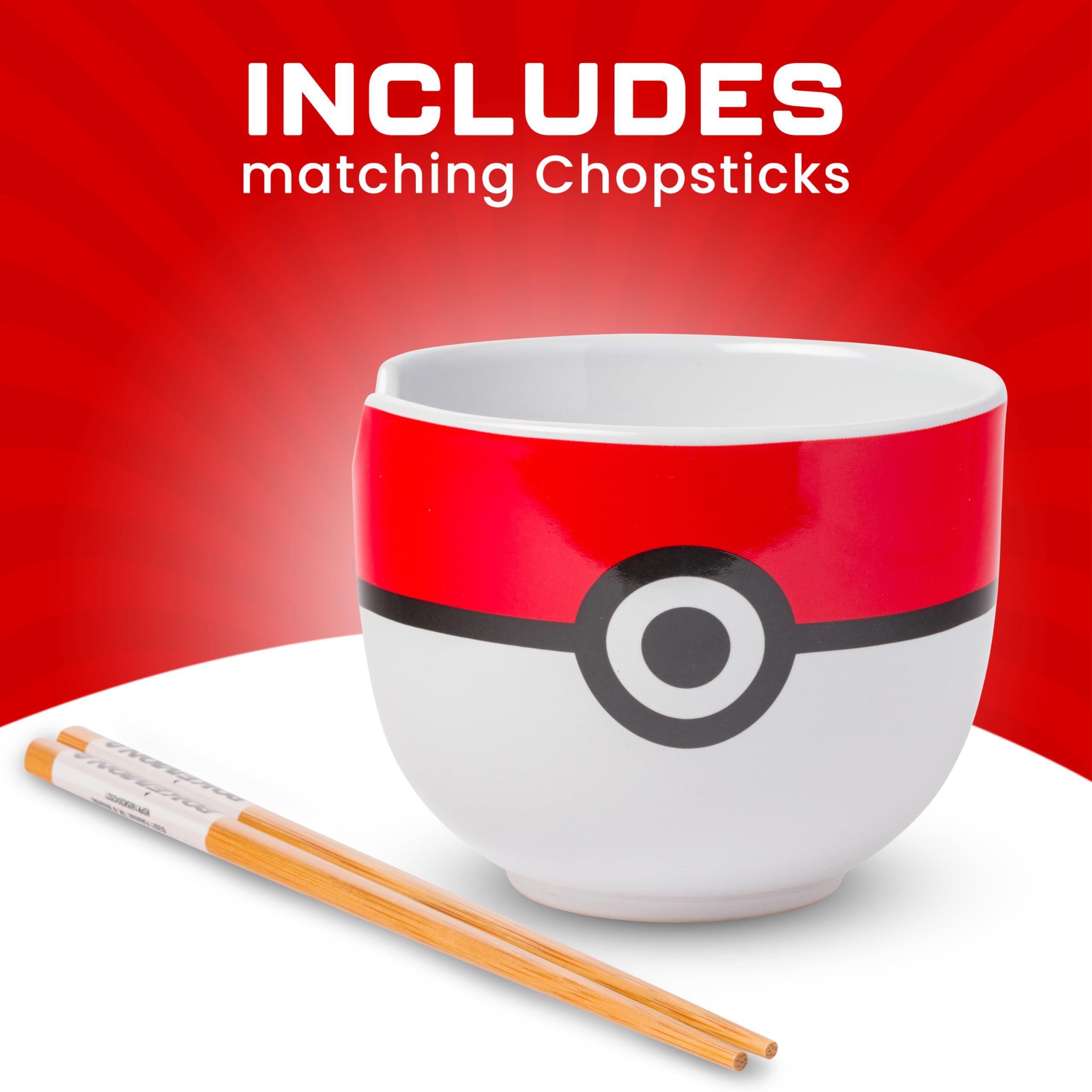 Silver Buffalo Pokemon Pokeball Ramen-Nudelschale aus Keramik mit Essstäbchen, mikrowellengeeignet, 590 ml