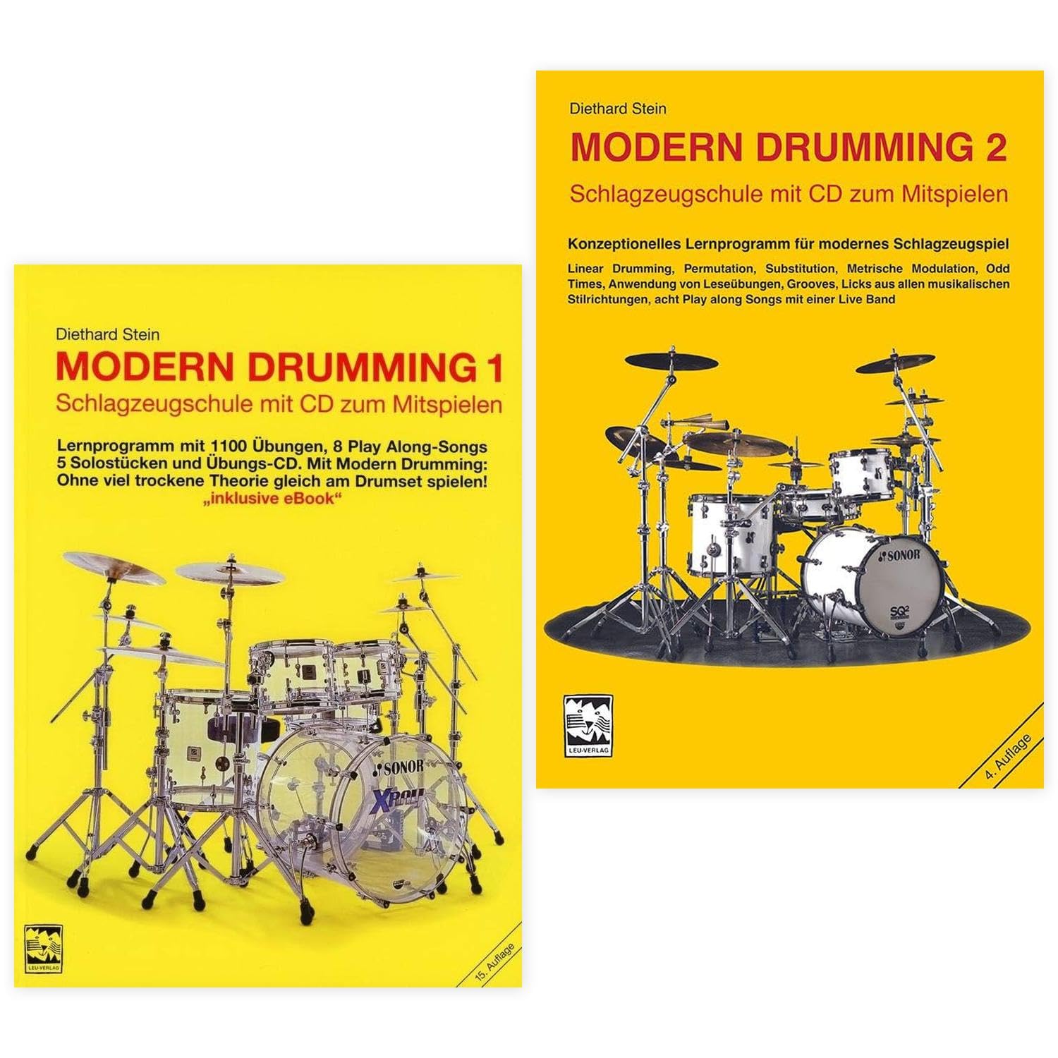 Modern Drumming Band 1 und Band 2: Schlagzeugschule mit 1100 Übungen zum Mitspielen, Solostücken, Play Along-Songs (ISBN: 9783928825245, 9783928825450)