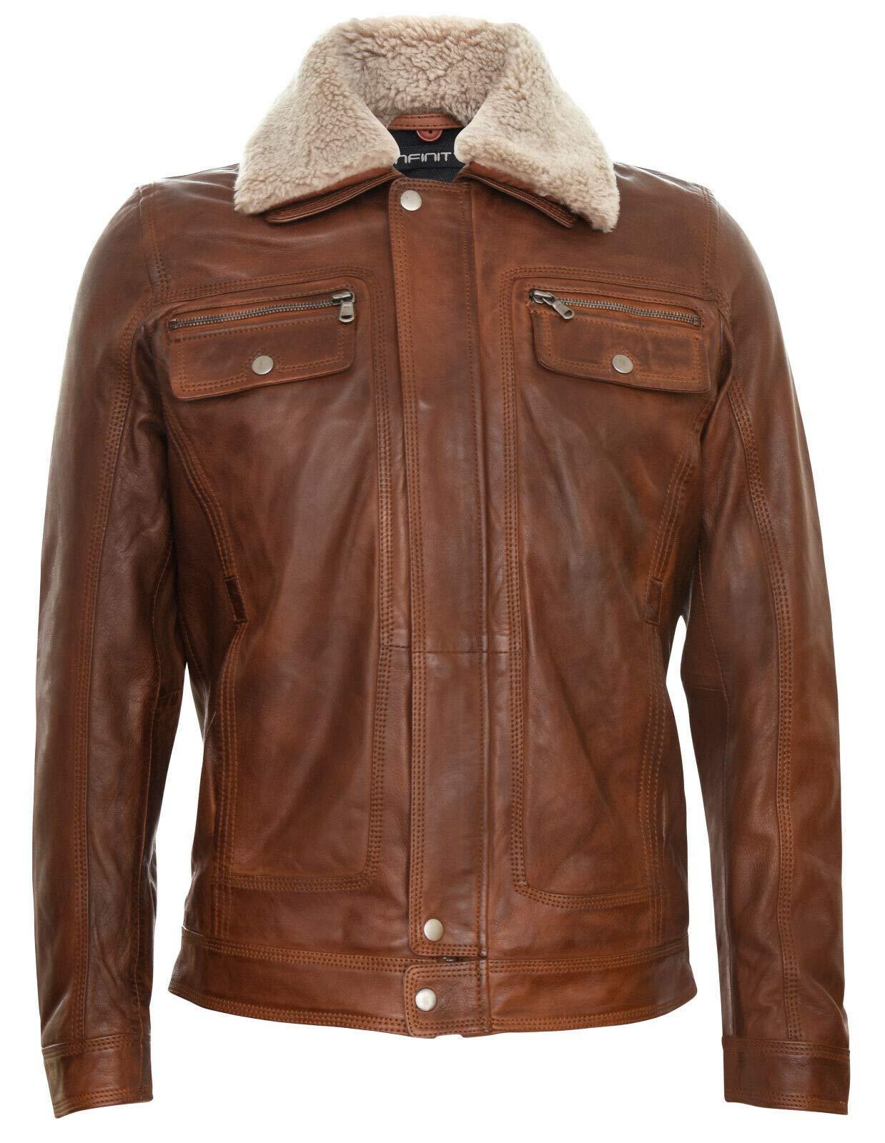 Men's Tan Leather Jacket Trucker Removable Sheepskin Sherpa Collar Casual Jeans Coat S