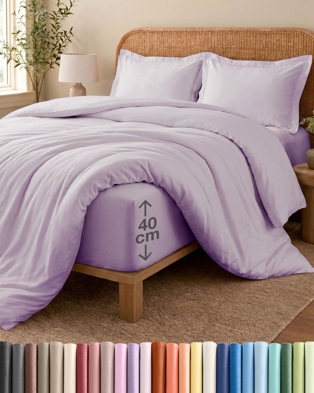4 Piece Super King Light Lavender Duvet Cover Set - Duvet Cover & Fitted Sheet, 2 Pillowcases - 260x220cm + 150x200cm 40cm / 16" - Microfibre - Soft, Wrinkle & Fade Resistant - OEKO-TEX Certified