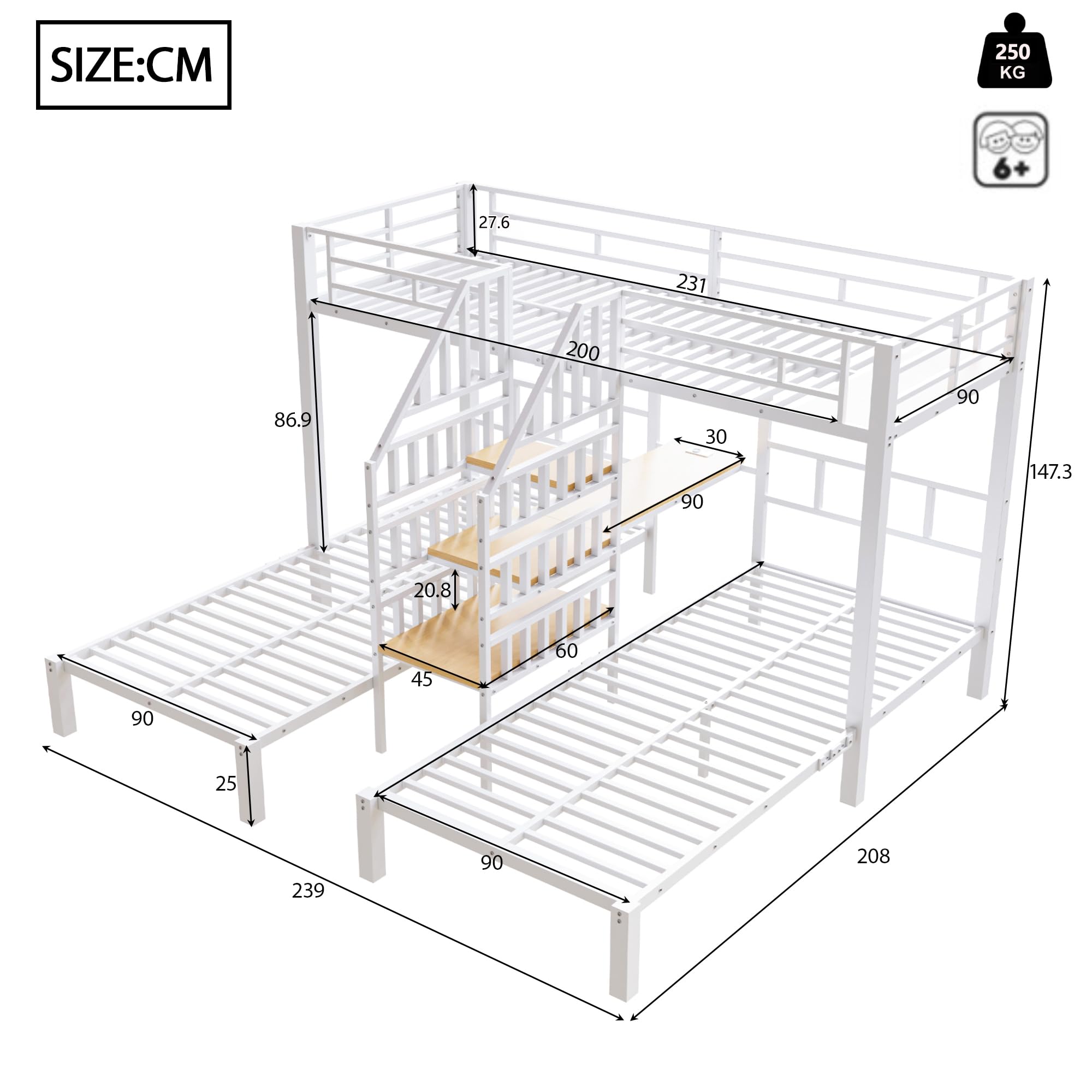 Soweiz Letto a castello 90 x 200 cm, 3 letti, con striscia luminosa a LED, scala integrata con vano portaoggetti, 2 porte USB + 1 presa con scrivania, senza materasso (bianco)