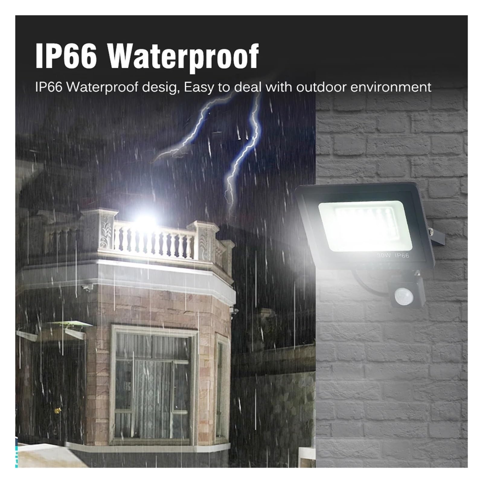 Proiettore per esterni, Faretto LED con sensore di movimento PIR da 10W, 20W, 30W e 50W, IP66, impermeabile, da parete for esterni, da giardino, da strada(Black Cover 20W)