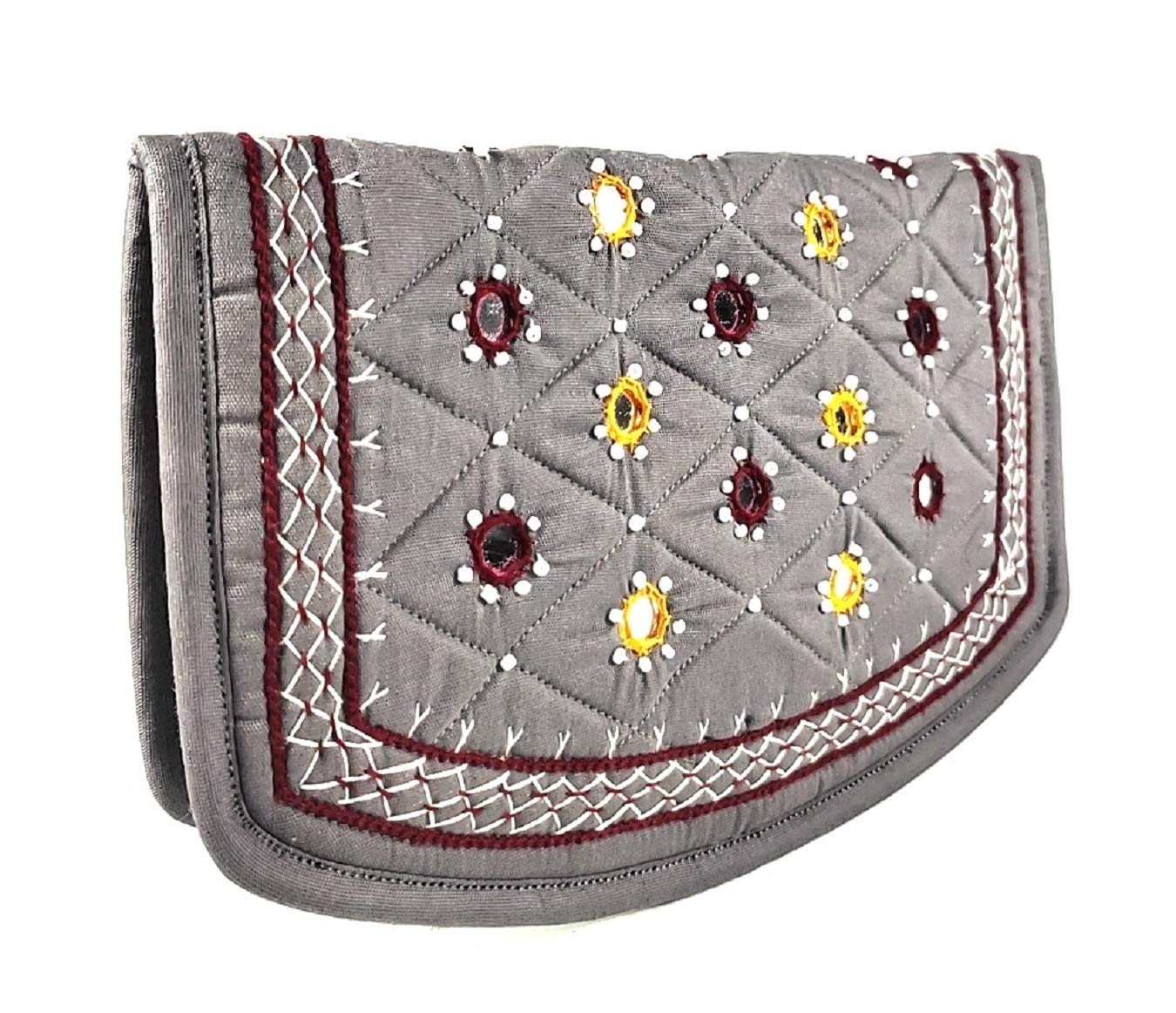 srishopify handicraftsWomen’s Hand purse Banjara Traditional Clutches with phone pocket, Cotton handmade Hand Purse ladies wallet (Medium 8.5 Inch, Gray, Mirror, Beads and Thread Work Handcraft)