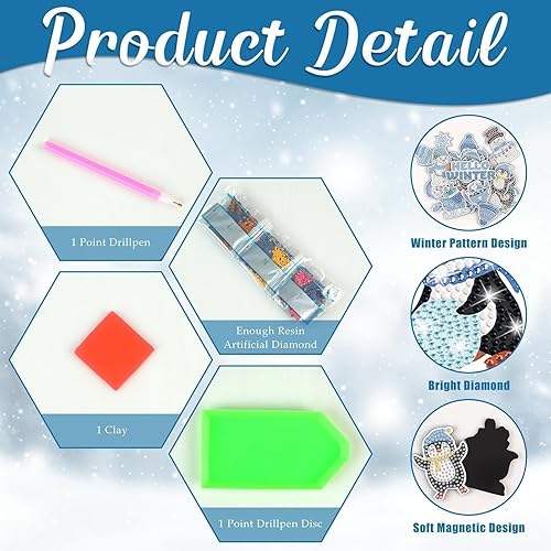 Miniatura 3 de 16 piezas de imanes de pintura de diamante de Navidad, imanes de invierno para refrigerador, calcomanías de pingüino, copo de nieve, muñeco de