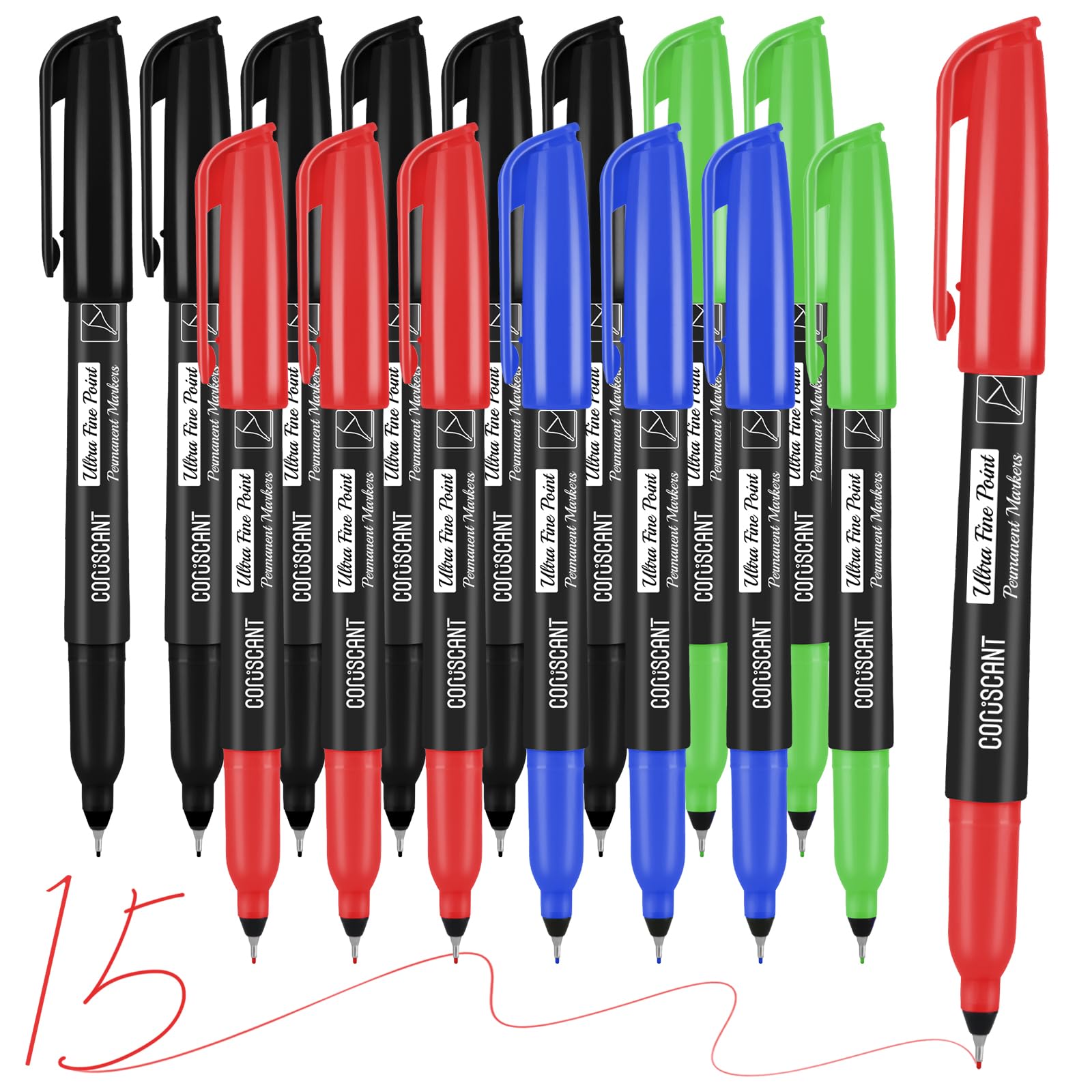 coruscant Ultra Fine Point Permanent Markers, 15 Pack Extra Fine Tip 0.4 mm Marker, Black, Red, Blue, Green, Assorted Colors, Quick-Drying, Waterproof