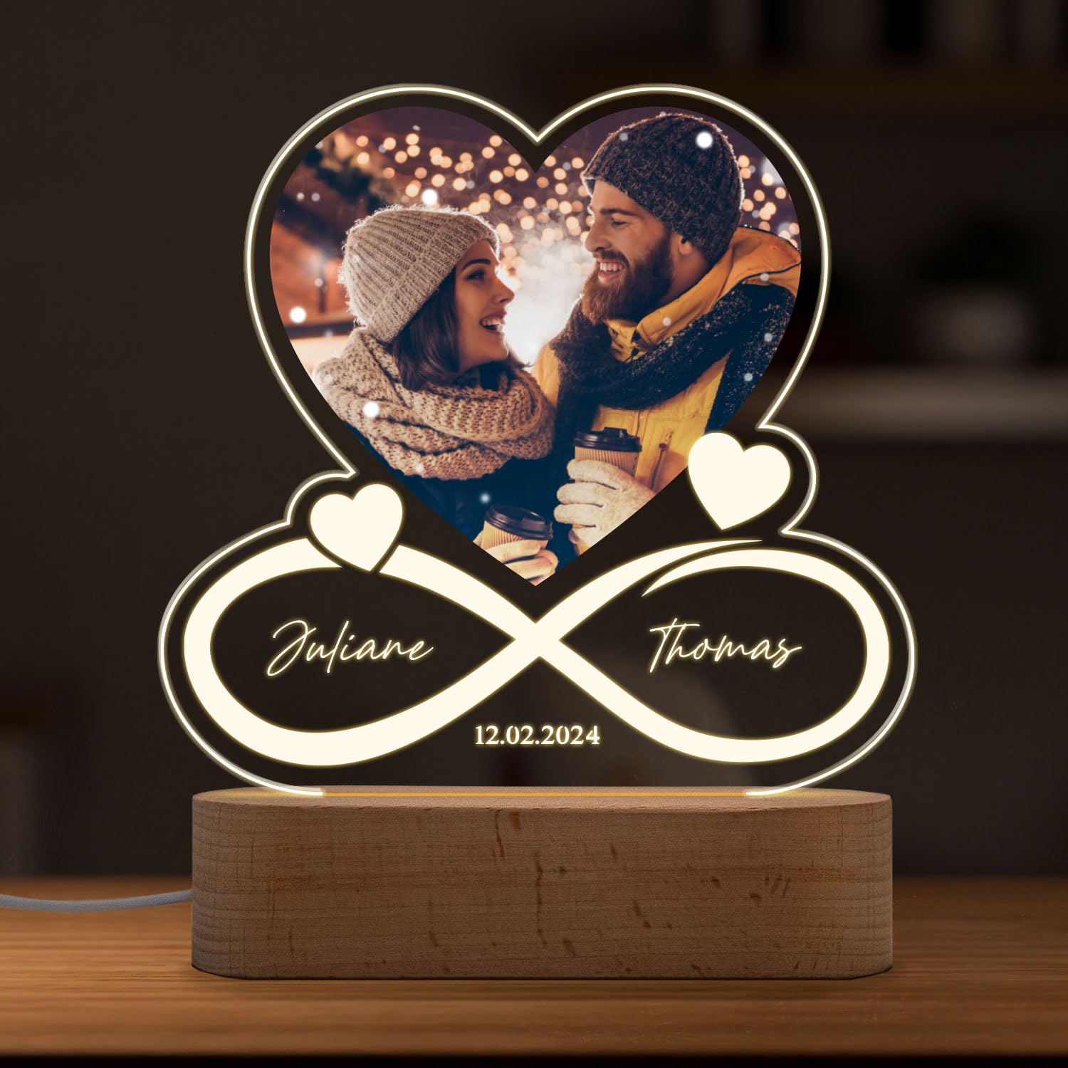 GRAVURZEILE Beleuchtetes Acrylglas - Unendlichkeit - Personalisiert mit Foto, Namen & Datum - Pärchengeschenk zum Jubiläum - Geschenk zur Hochzeit oder Valentinstag für Sie & Ihn