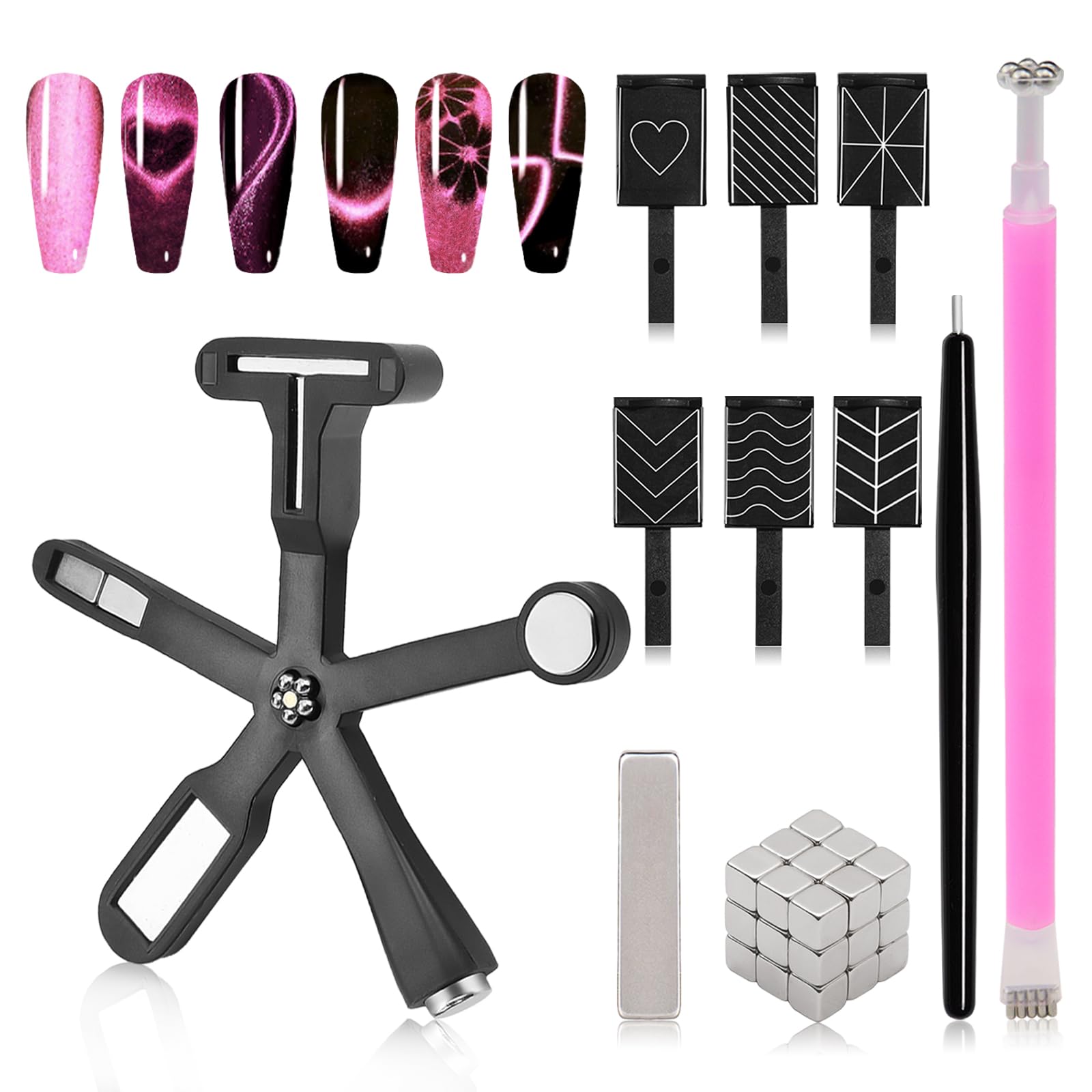 ESUOHYM 37 PCS Cat Eye Magnet Set, 6 In 1 Nail Polish Magnets for Nail Polish Gel, Hearts Flowers Magnets for Nails, Nail Art DIY Design Supplies for